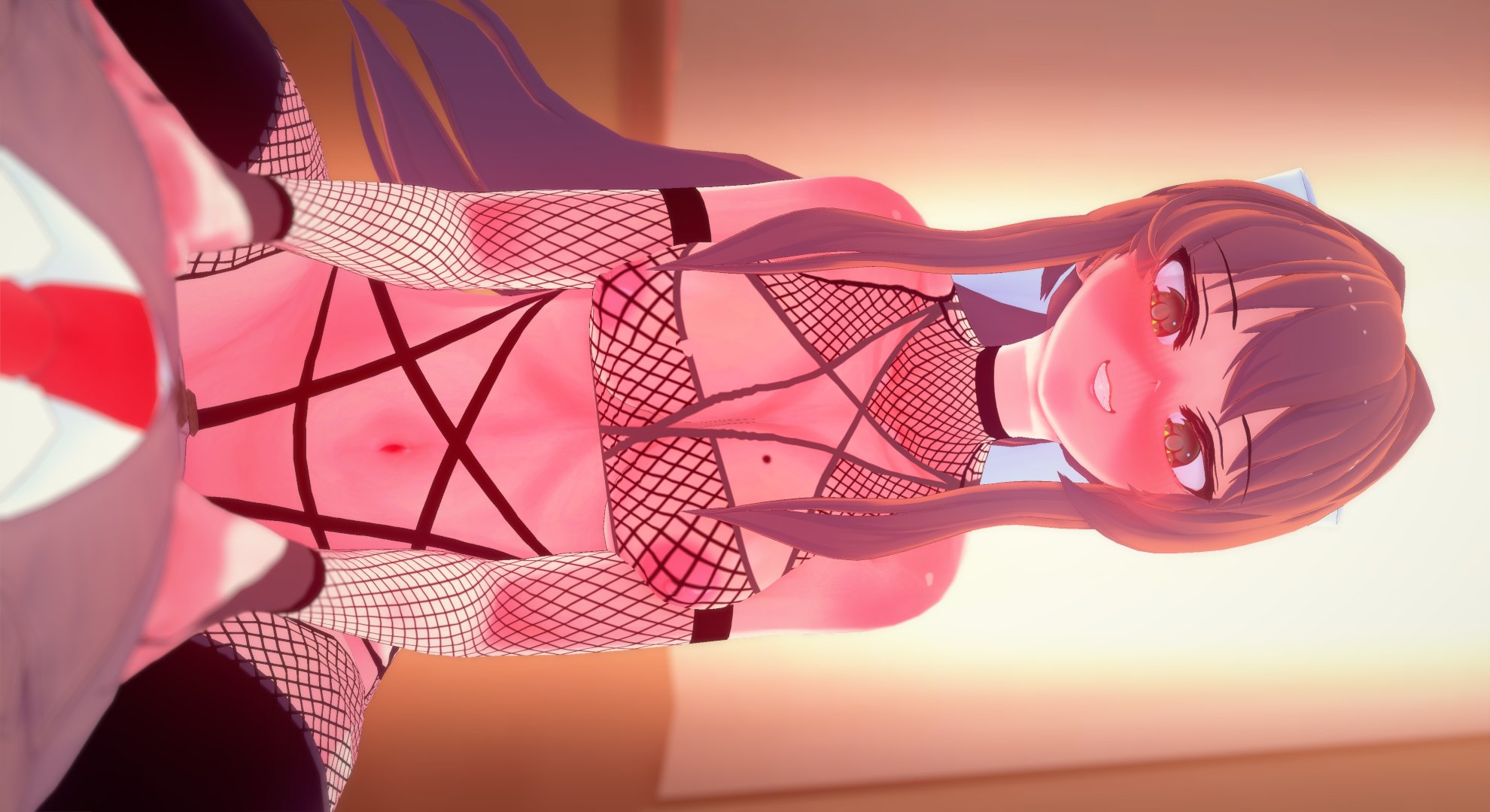 3d, blush, doki doki literature club, eye contact, female, fishnets, goth, goth girl, human, human only, light skin, light-skinned female, looking at viewer, mashirosolera, monika (doki doki literature club), pentagram, pentagram lingerie, riding, transparent clothing