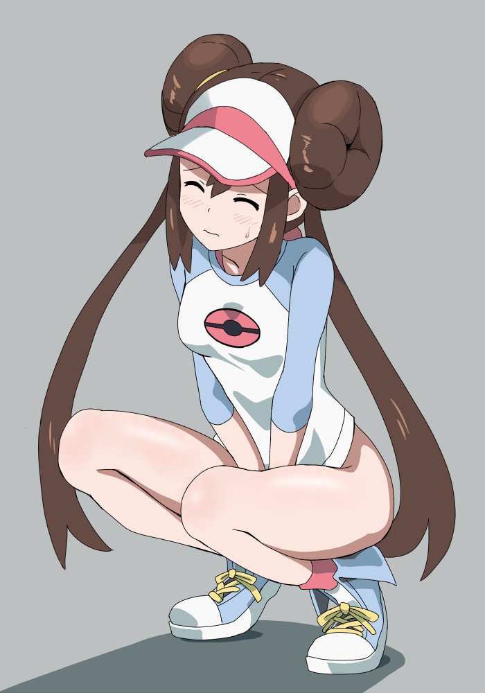 blue_eyes blush bottomless brown_hair covering_crotch double_bun female looking_pleasured masturbation pokemon raglan_sleeves rayphenos rosa_(pokemon) shoes sneakers squatting visor