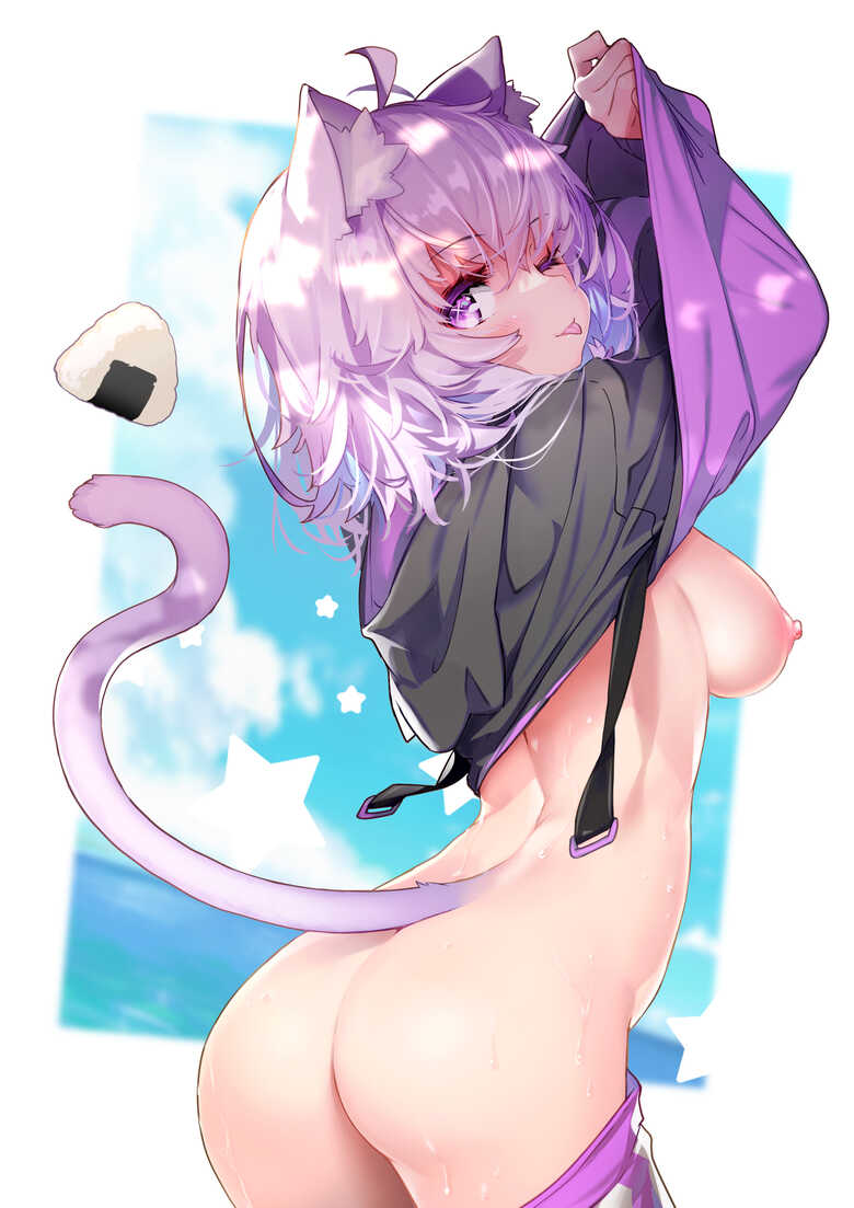 ass ass_focus blush breasts_out cat_ears cat_girl cat_tail female_focus hololive hololive_gamers hololive_japan hong_(white_spider) large_breasts looking_back nekomata_okayu no_bra one_eye_closed onigiri outdoor_nudity pants_pull pink_eyes pink_hair shirt_lift tongue_out undressing virtual_youtuber wink