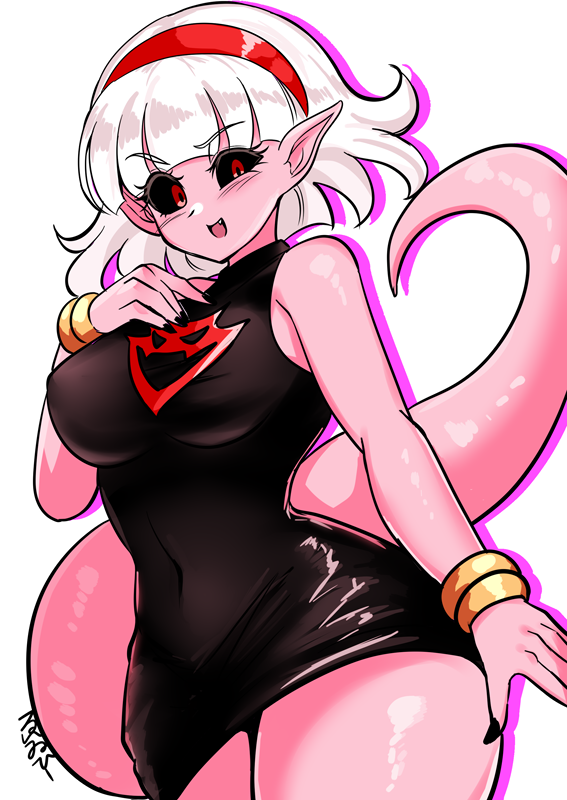 absorption android_21 big_breasts black_dress breasts clothed clothed_female dragon_ball dragon_ball_fighterz dragon_ball_z einohire005 long_fingernails milf pink_body pink_skin pink_skinned_female tail videl white_hair white_hair_female