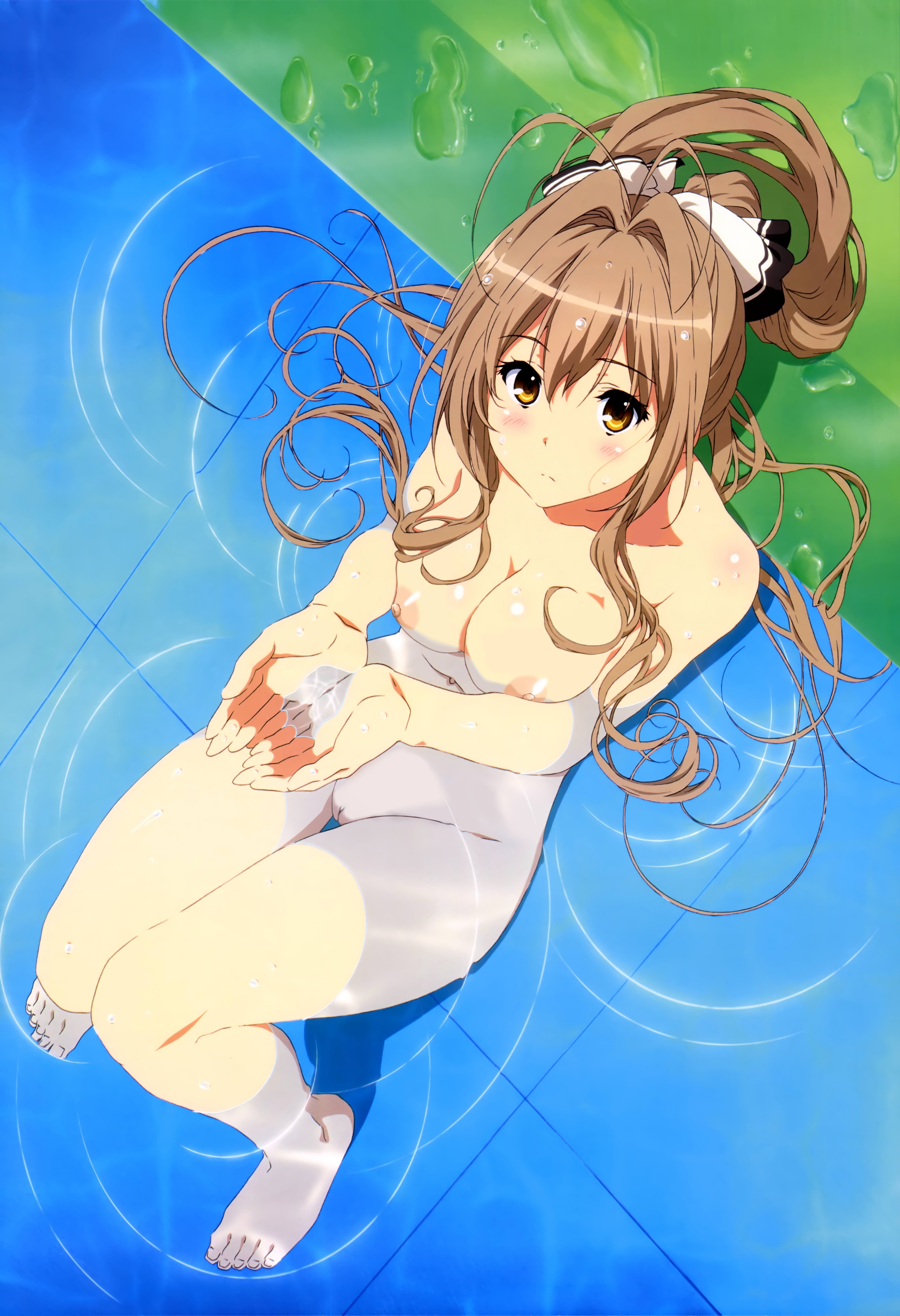1girls, 5 fingers, 5 toes, absurdres, amagi brilliant park, barefoot, blush, breast press, breasts, brown hair, completely nude, cupping hands, feet, female, from above, frown, hair between eyes, hair intakes, hair ribbon, highres, human, knees together feet apart, knees up, large breasts, legs, long hair, looking at viewer, naked, navel, nipples, nude, nude female, nude filter, nyantype, official art, partially submerged, payot, photoshop, ponytail, pool, pussy, reclining, ribbon, ripples, sento isuzu, solo, thighs, tied hair, toenails, toes, uncensored, water, wet, yellow eyes
