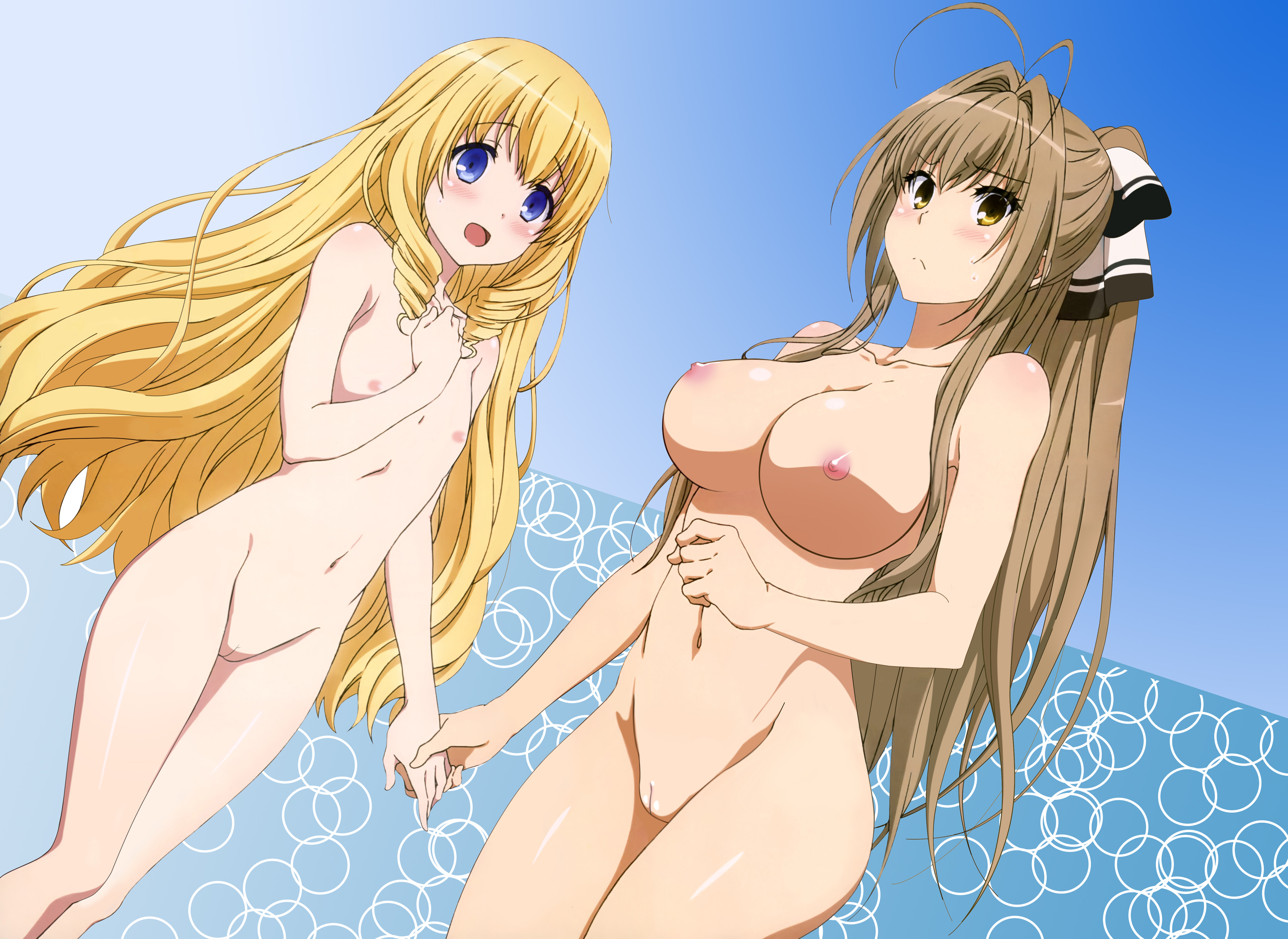 2girls, amagi brilliant park, antenna hair, blonde hair, blue eyes, blush, breasts, brown eyes, brown hair, drill hair, female, female only, flat chest, hair intakes, hair ribbon, hand holding, large breasts, latifa fleuranza, long hair, multiple females, multiple girls, nakahara kouhei, navel, nipples, nude, open mouth, ponytail, pussy, ribbon, sento isuzu, thighs, tied hair, twin drills, uncensored, very long hair
