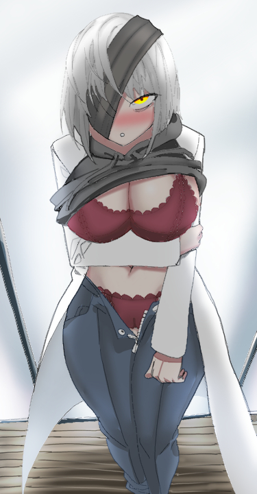 1girls bandages blush bra dongbaek_(limbus_company) grey_hoodie holding_arm jeans large_breasts limbus_company open_mouth project_moon red_underwear shirt_lift short_hair solo_female unzipped_pants white_coat white_hair yellow_eyes