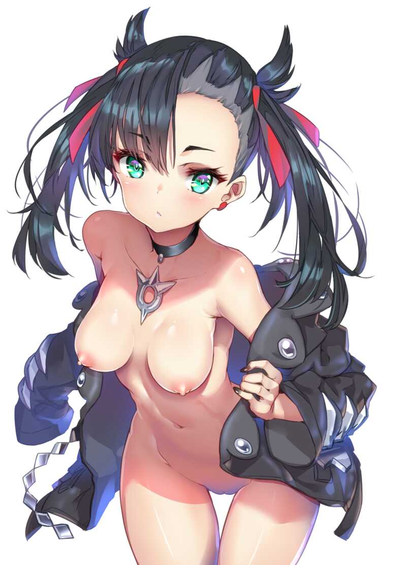 alternate_breast_size black_hair breasts_out earrings female_focus green_eyes hong_(white_spider) large_breasts looking_at_viewer marnie_(pokemon) neutral_expression nude open_jacket pokemon pokemon_swsh punk_girl removing_jacket twin_tail undressing white_background