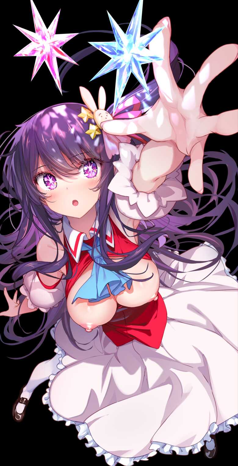 blush breasts_out dress dress_pull female_focus hong_(white_spider) hoshino_ai idol large_breasts long_hair open_mouth oshi_no_ko purple_eyes purple_hair reaching_out unique_eyes