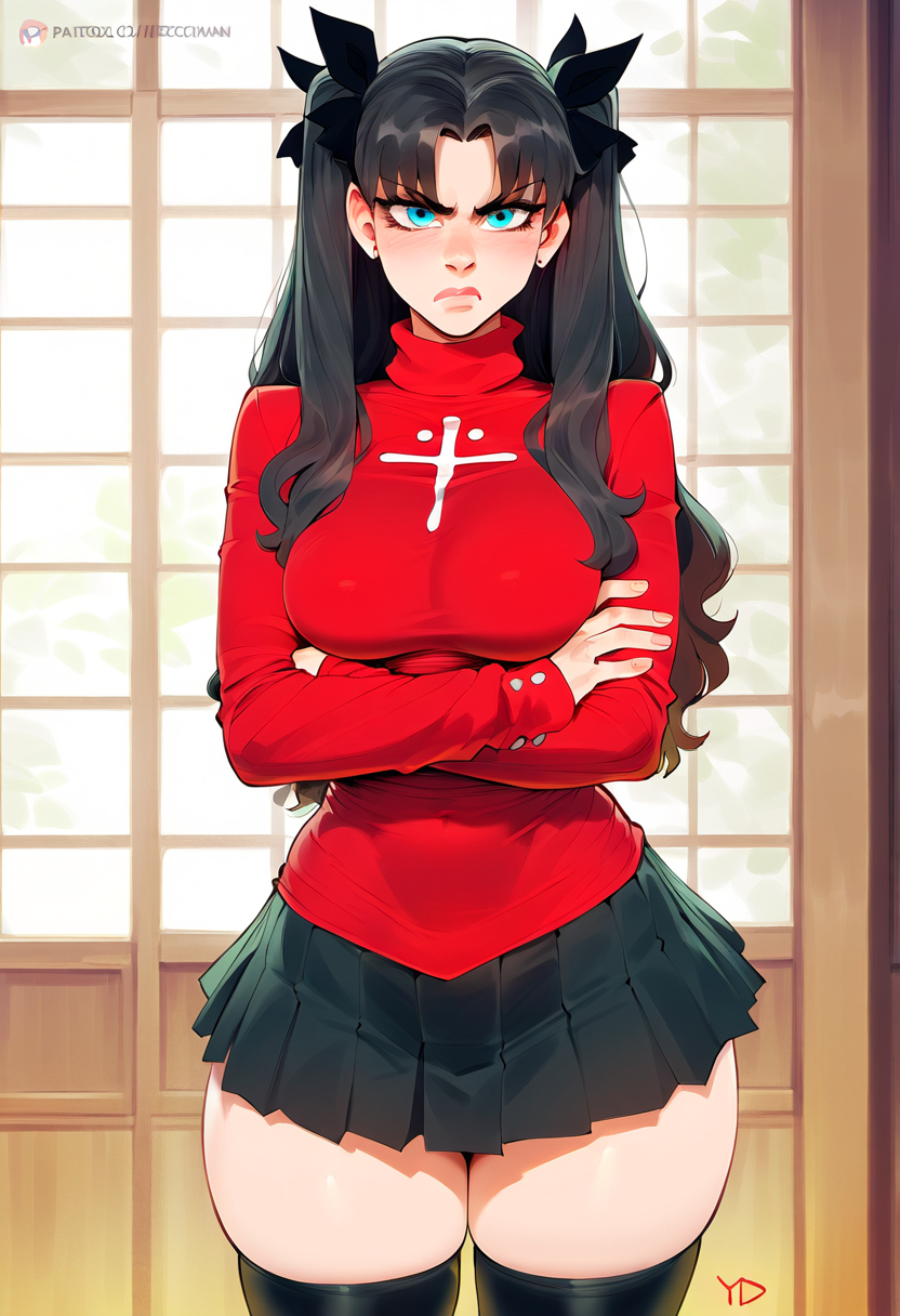 ai_generated angry angry_face arms_crossed black_hair blue_eyes fate/grand_order female frown glare imminent_sex looking_at_viewer novelai red_sweater skindentation solo thick_thighs tohsaka_rin twintails zawuardo