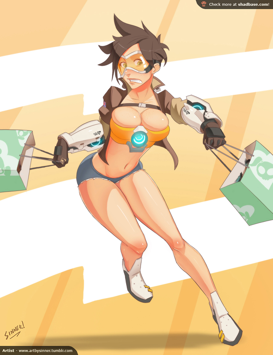 1girls, 2d, blizzard entertainment, brown hair, chronal accelerator, cleavage, crocs, female, female only, gloves, goggles, jacket, navel, overwatch, overwatch 2, short hair, shorts, sillygirl, solo, standing, tracer, tubetop, visor