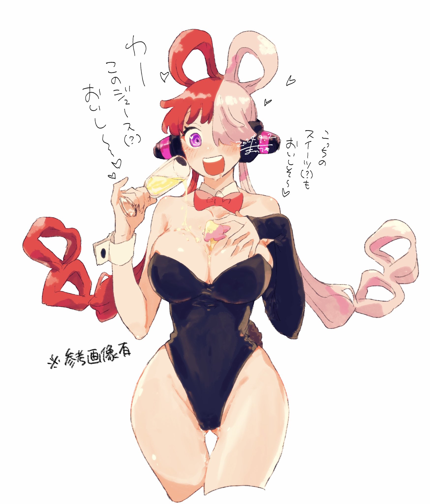 1girls, breasts, choko egg, cleavage, female, female only, huge breasts, japanese text, large breasts, leotard, one piece, pussy, pussy juice, red hair, red-haired female, tagme, thick thighs, thighs, translation request, two-tone hair, uta (one piece), white hair, white-haired female