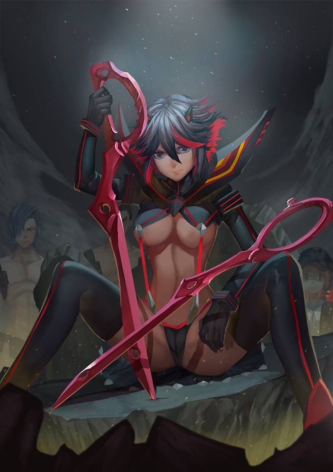 1girls, 2boys, armor, bikini armor, breasts, cameltoe, cleavage, clothed, female, kill la kill, male, matoi ryuuko, midriff, multiple boys, multiple males, panties, pussy, senketsu, spread legs, sword, weapon