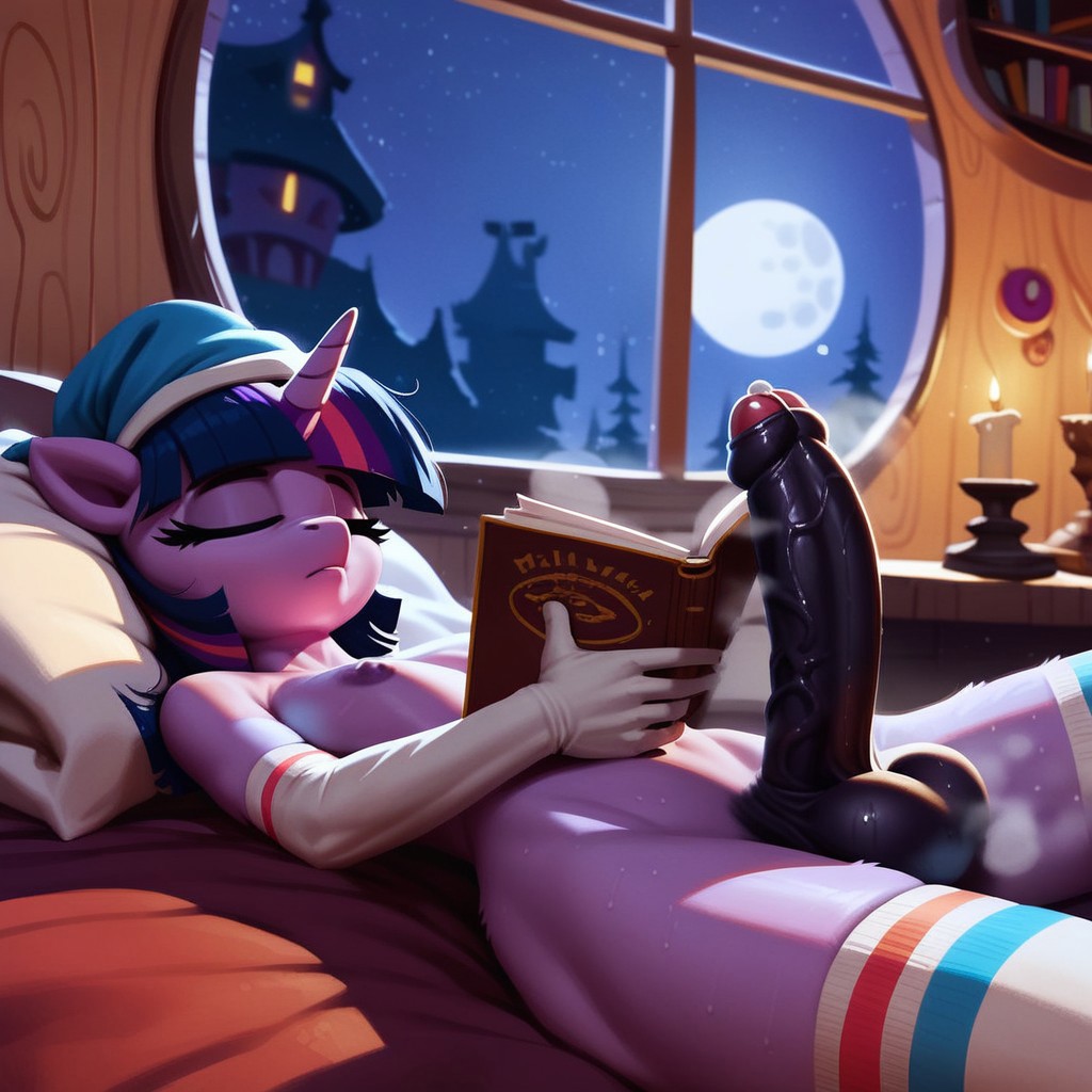 ai_generated anthro balls bed bedroom book elbow_gloves foreskin futanari golden_oaks_library leaking_precum moon my_little_pony night pony sleeping socks sweat tail thighhighs twilight_sparkle_(mlp)