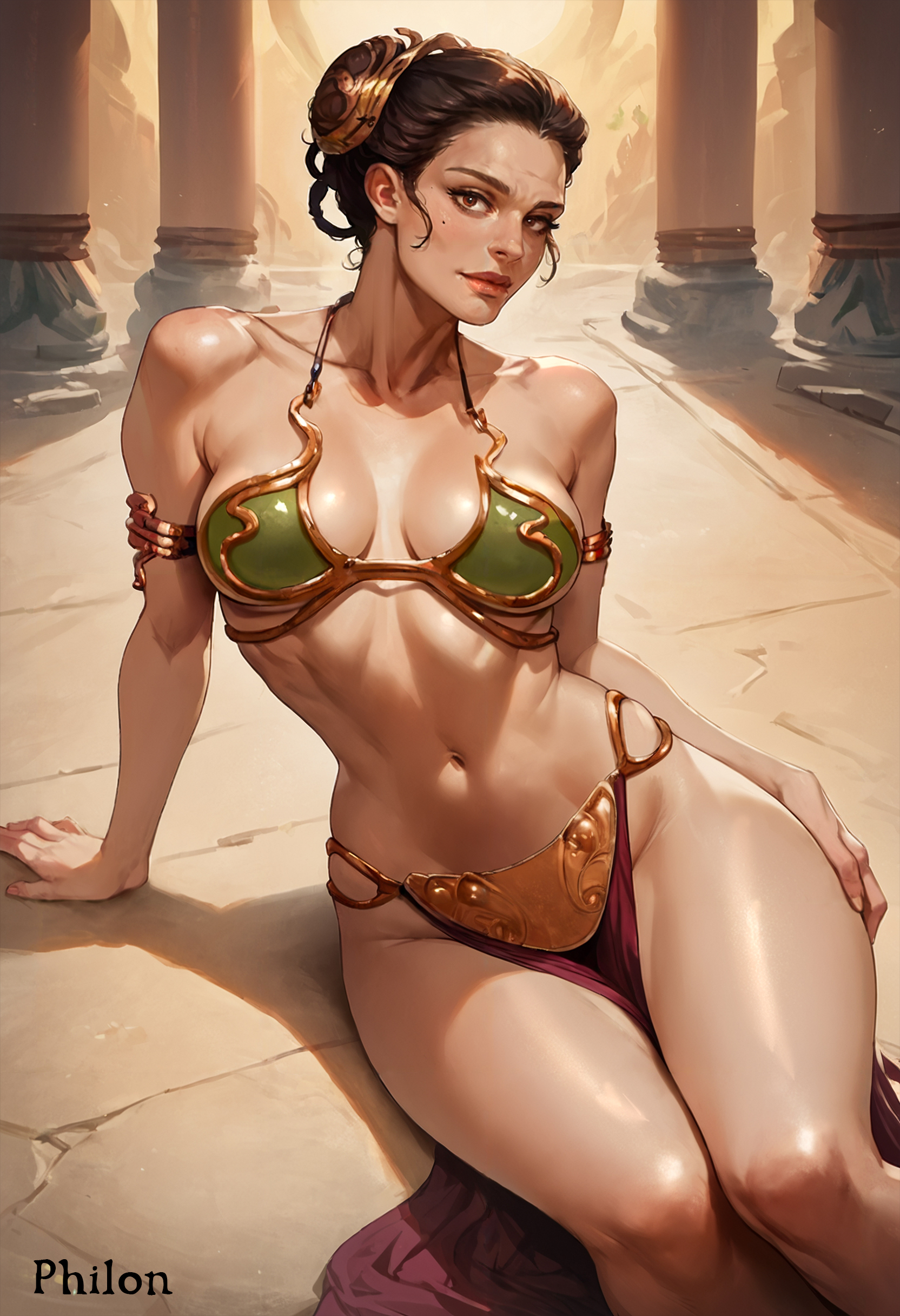 1girls, ai generated, armlet, armor, bare shoulders, bikini, bikini armor, breasts, breasts apart, brown eyes, brown hair, collarbone, female, female only, hair bun, lips, looking at viewer, medium breasts, navel, padme amidala, pelvic curtain, philon, pillar, sitting, slave girl, solo, stable diffusion, star wars, swimsuit, thighs, toned