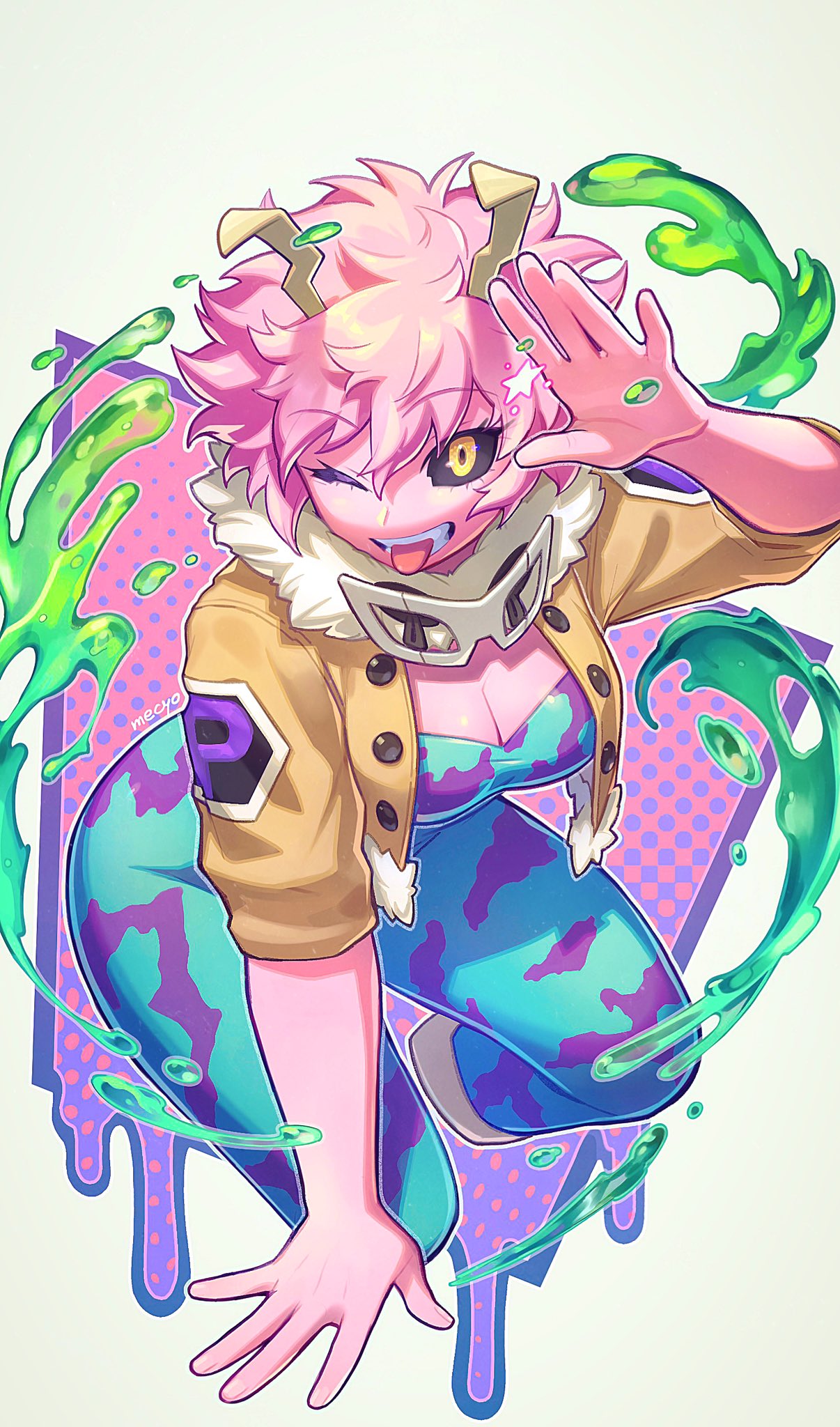 1girls acid artist_name black_sclera bodysuit boku_no_hero_academia breasts cleavage colored_sclera colored_skin female fur_trim hero_outfit_(mha) highres horns mecyo_(mamezurushiki) mina_ashido my_hero_academia one_eye_closed pink_hair pink_skin smile solo tongue tongue_out wink