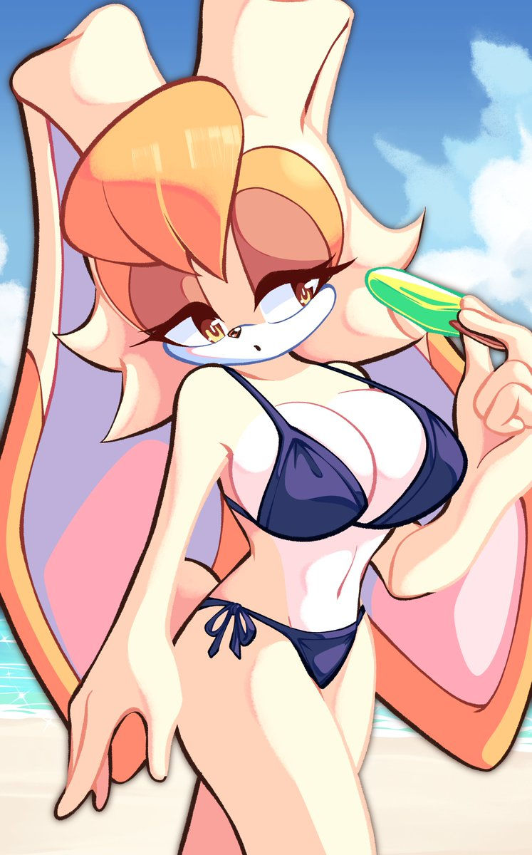 belly_button big_breasts bikini bikini_bottom bikini_top cream_fur furry large_breasts long_ears milf mobian_(species) nan0lovesyou popsicle rabbit rabbit_ears rabbit_girl sega sonic_(series) sonic_the_hedgehog_(series) summer tagme vanilla_the_rabbit yellow_eyes