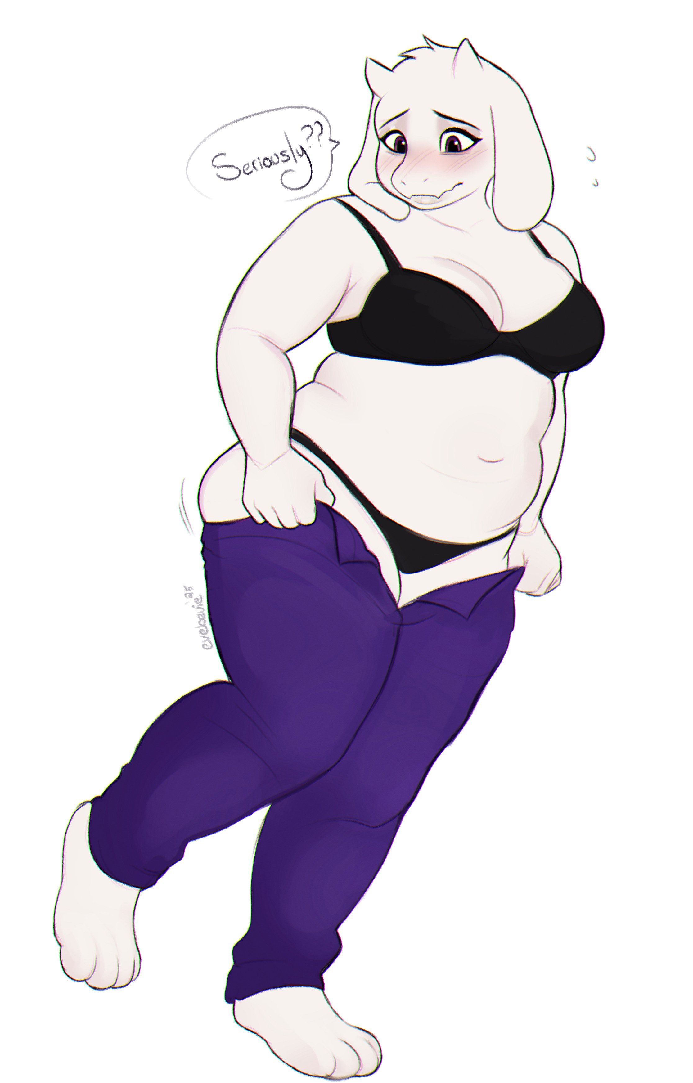 1girls, barefoot, bra, chubby, cleavage, deltarune, evebevie, female, furry, furry only, plain background, putting clothes on, solo, solo female, toriel, trying on clothes, undertale, undertale (series), underwear