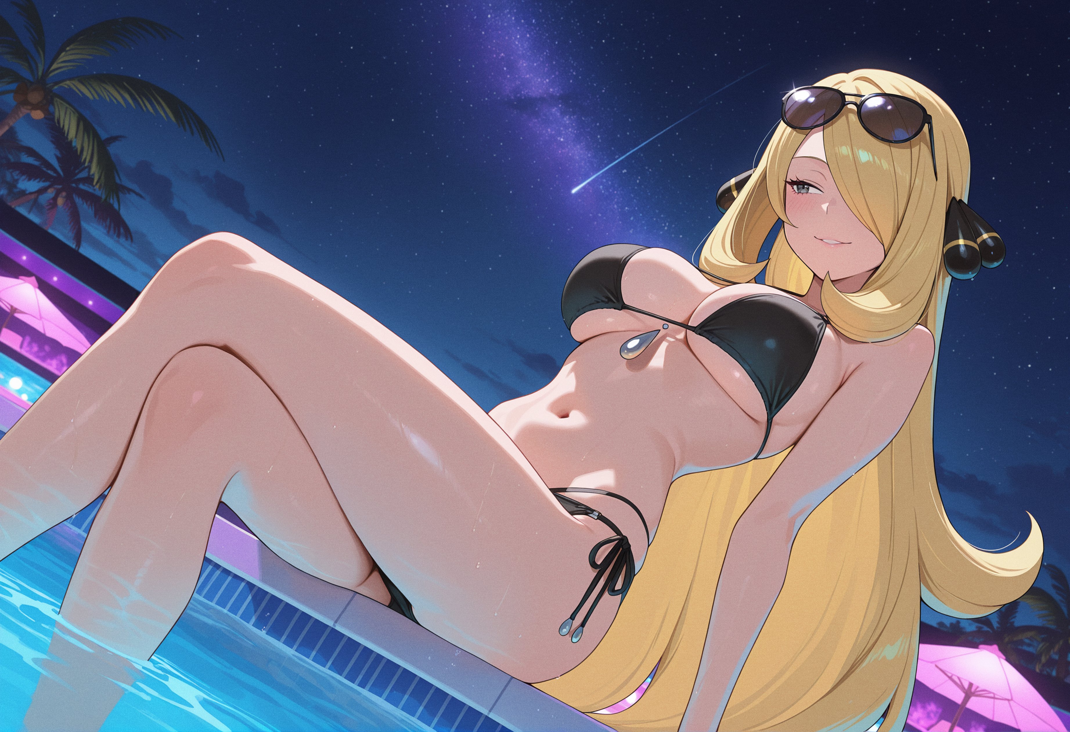 1girls, ai generated, bikini, black bikini, blonde hair, blush, breasts, crossed legs, cynthia (pokemon), eyewear on head, female, game freak, hair ornament, hair over one eye, large breasts, long hair, looking at viewer, navel, night, night sky, nintendo, outdoors, owari wan, palm tree, pokemon, pokemon dppt, pool, poolside, shooting star, side-tie bikini, sitting, sky, smile, soaking feet, solo, star (sky), starry sky, sunglasses, swimsuit, tree, very long hair, water