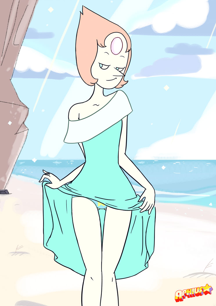 aphius, beach, beach party (steven universe), cartoon network, female, gem (species), ocean, panties, pearl (steven universe), print panties, skirt lift, solo, steven universe