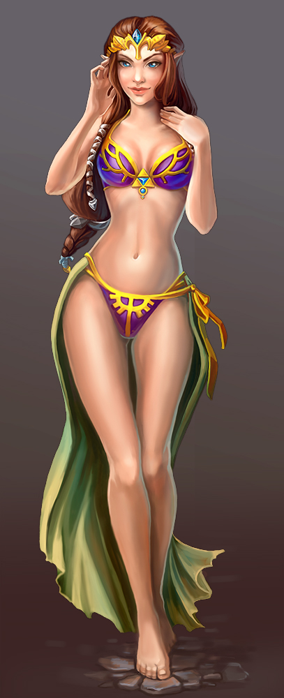 barefoot, bikini, blue eyes, braid, brown hair, female, female only, hylian, long hair, navel, neko-tin, nintendo, pinup, pointy ears, princess zelda, sash, simple background, smile, solo, standing, the legend of zelda, tiara, twilight princess, zelda (twilight princess)
