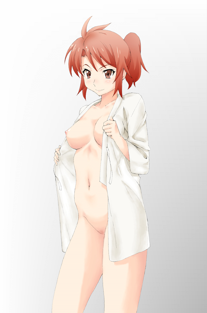 blush breasts brown_eyes chiba_erika collarbone cowboy_shot female gradient gradient_background grey_background kesuida mahouka_koukou_no_rettousei naked_shirt navel nipples ponytail pubic_hair short_hair smile solo tied_hair