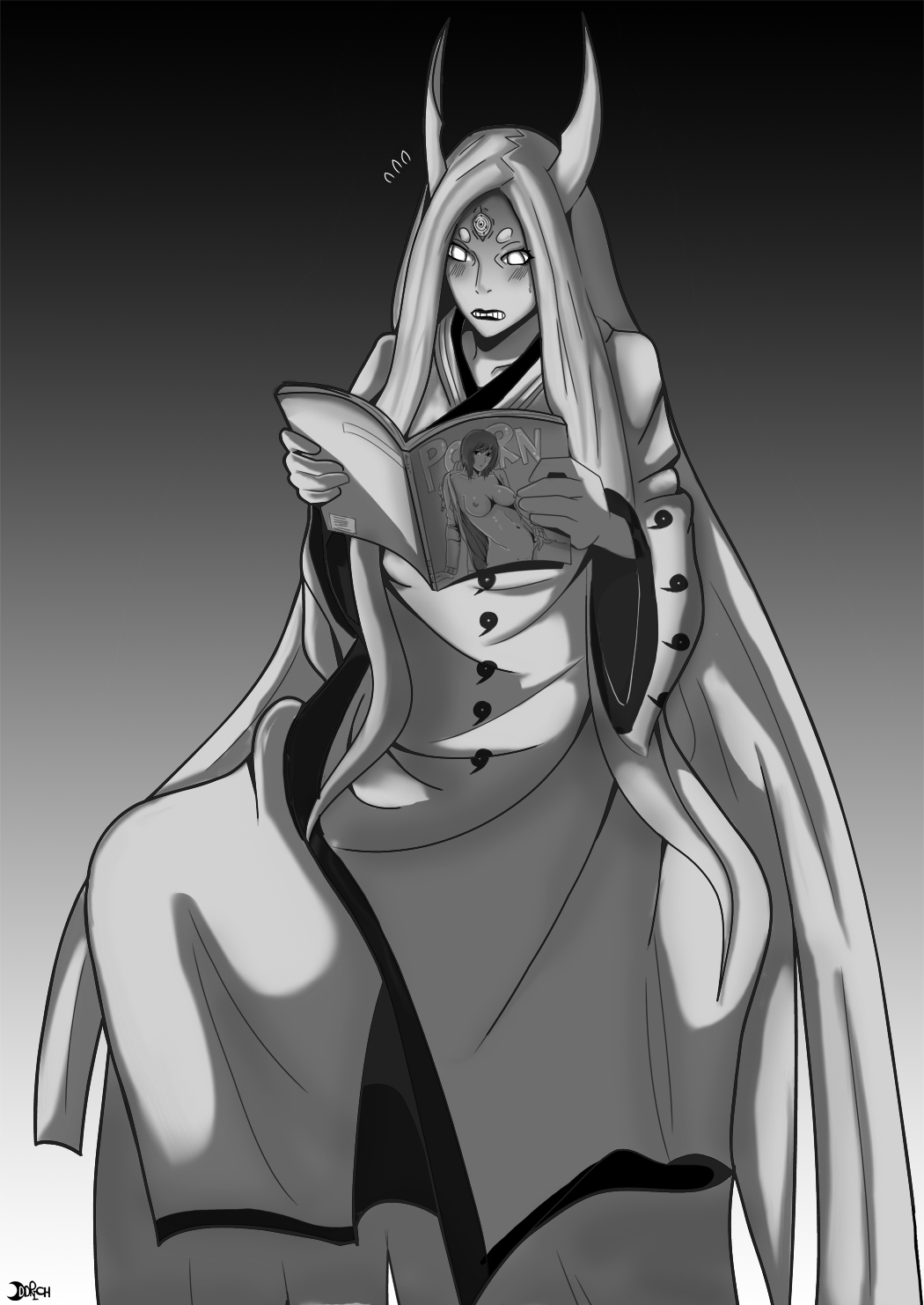 1girls, 3 eyes, female, female only, funny, horns, indrockz, long hair, monochrome, multi eye, naruto, naruto (series), naruto shippuden, oddrich, ootsutsuki kaguya, otsutsuki kaguya, porn magazine, shizune, solo