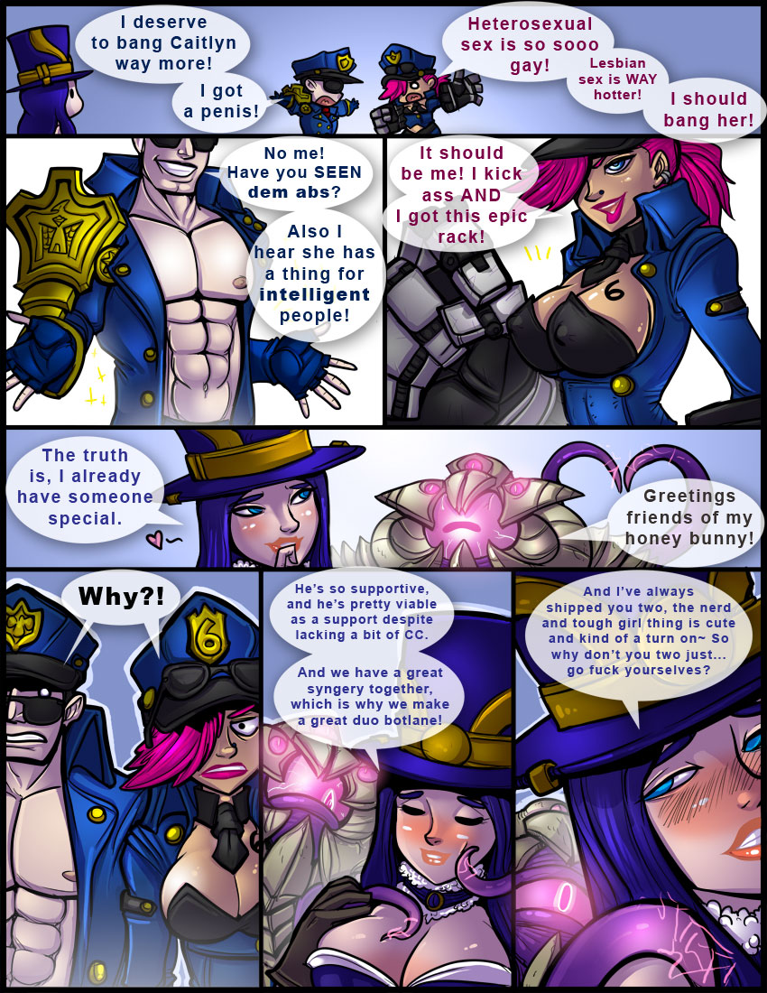 2014 caitlyn_kiramman comic cops_and_robbers_series english_text jayce_talis league_of_legends male officer_jayce officer_vi part_1 riot_games shia_(artist) straight vel'koz vi