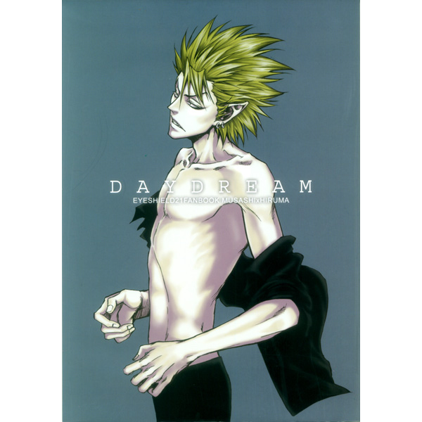 1boy blonde_hair comic cover daydream doujin eyeshield_21 male male_only open_clothes open_shirt pointy_ears punkish_dragoneer sagawa_miku shirt solo standing torn_clothes yaoi yoichi_hiruma