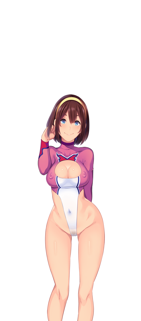 adjusting_hair bare_legs blue_eyes blush breasts brown_hair butcha-u cleavage cleavage_cutout covered_navel erect_nipples female game_cg hairband kenzen!_hentai_seikatsu_no_susume large_breasts legs leotard looking_at_viewer maezono_chinami mound_of_venus navel original pubic_hair see-through short_hair simple_background smile solo standing thighs transparent_background