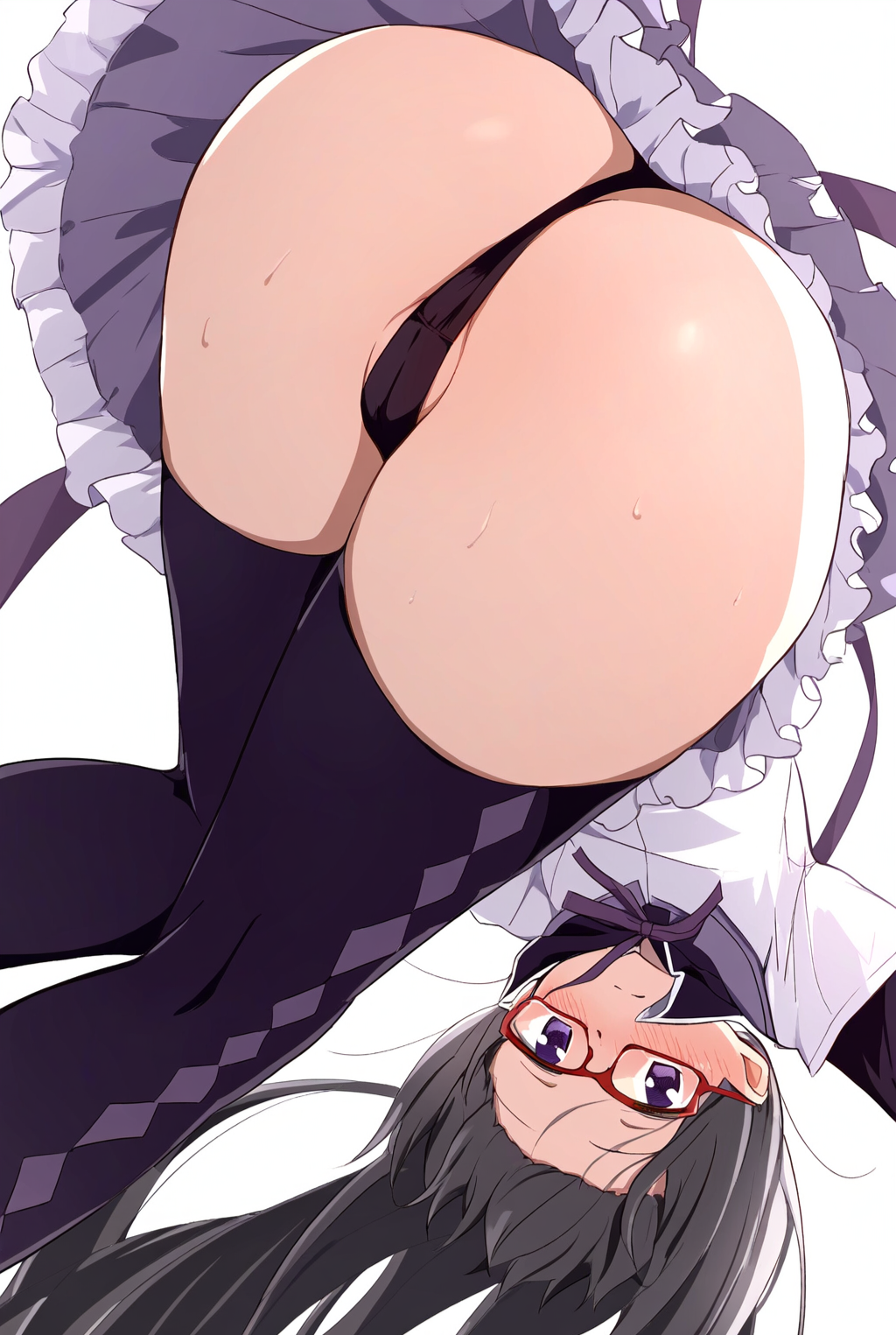 ai_generated akemi_homura ass ass_focus back_view black_hair blush butt_focus embarrassed glasses hi_res highres long_hair madoka_worship magical_girl magical_girl_outfit mahou_shoujo_madoka_magica mini_skirt miniskirt puella_magi_madoka_magica purple_eyes pussy_visible_through_thong ribbon straight_hair thighhighs thong upside-down upskirt