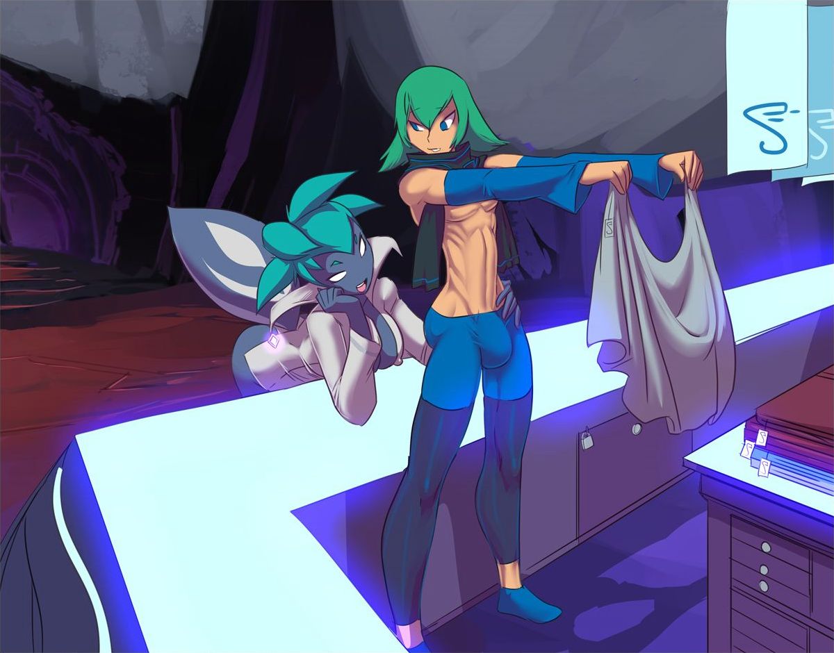 1boy 1boy1girl 1girls abs ass big_breasts big_penis blue_hair bulge clothed clothing female femboy fred_perry green_eyes green_hair looking_at_another male male/female muscular muscular_male open_mouth original_character short_hair tactics_elemental tail thick_thighs threedle waitress white_eyes