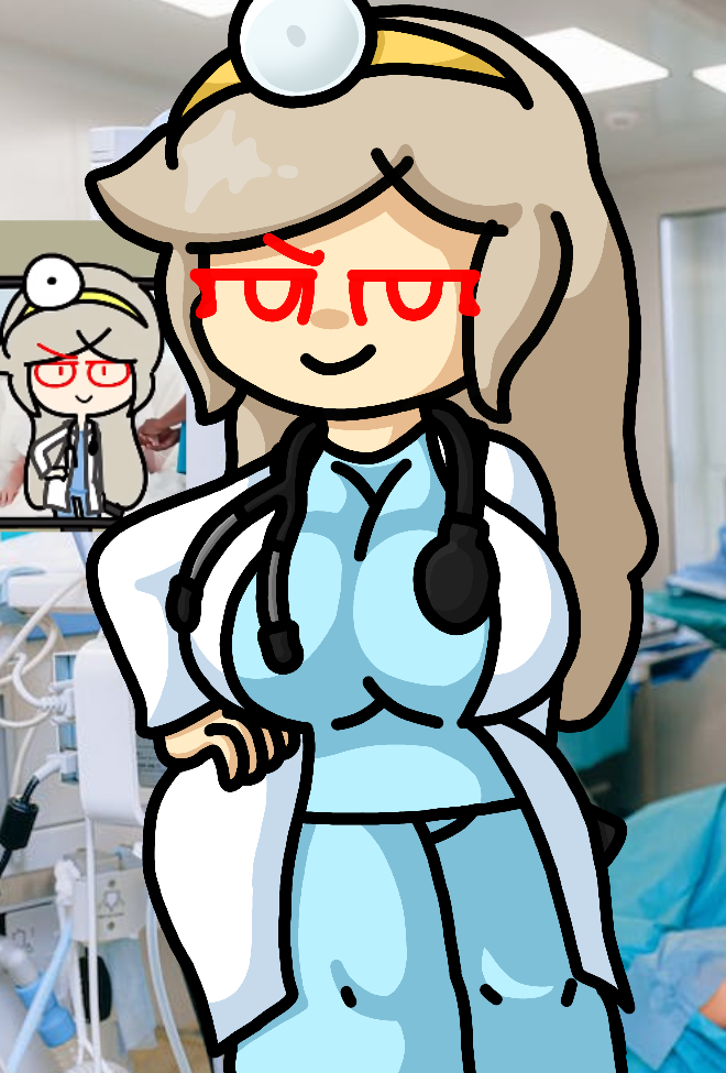 alternate_breast_size alternate_costume background big_breasts canonical_scene clothed clothing coat dirty_blonde_hair doctor ghost ghost_girl hand_on_hip legokoopa_(artist) my_ghost_friend red_eyes robe self_upload smirk smug stethoscope susie_(dsand) thick_thighs