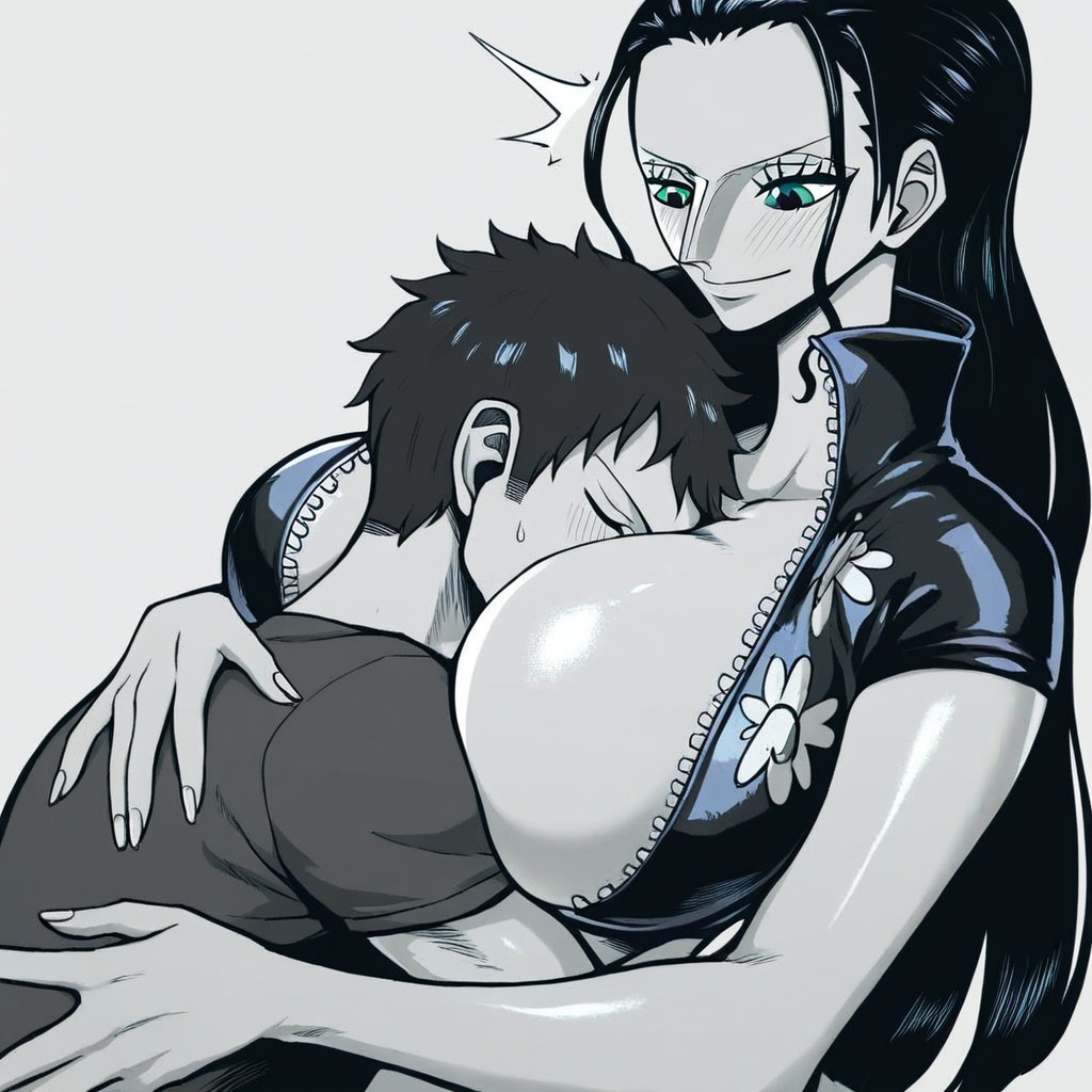1boy 1boy1girl 1girls ai_generated big_breasts breasts breasts_bigger_than_head emotionless expressionless face_in_breasts female height_difference hug male male/female nico_robin older_female one_piece size_difference smothering straight sweat sweatdrop taller_girl wolfiazin960(artist)