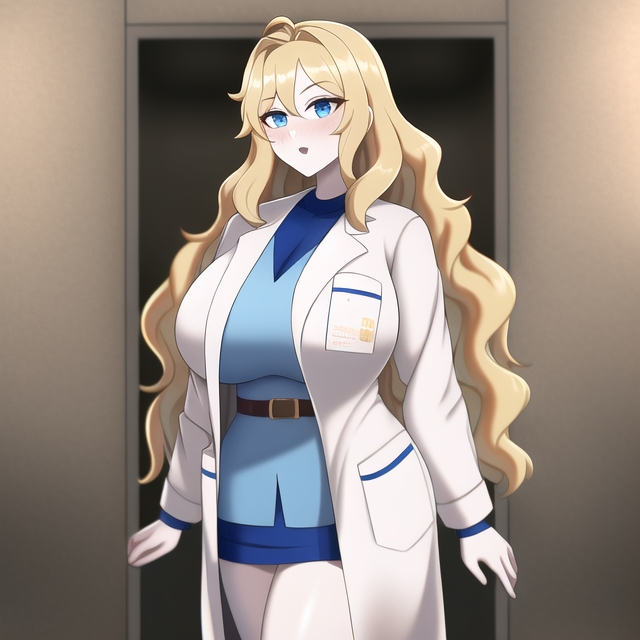 1girls ai_generated ai_hands anime_nose big_breasts blonde_hair blue_eyes blush clothing coat doctor eyebrows_visible_through_hair female female_only long_hair looking_at_viewer pale-skinned_female pale_skin scp_containment_breach scp_foundation scp_scientist tufts