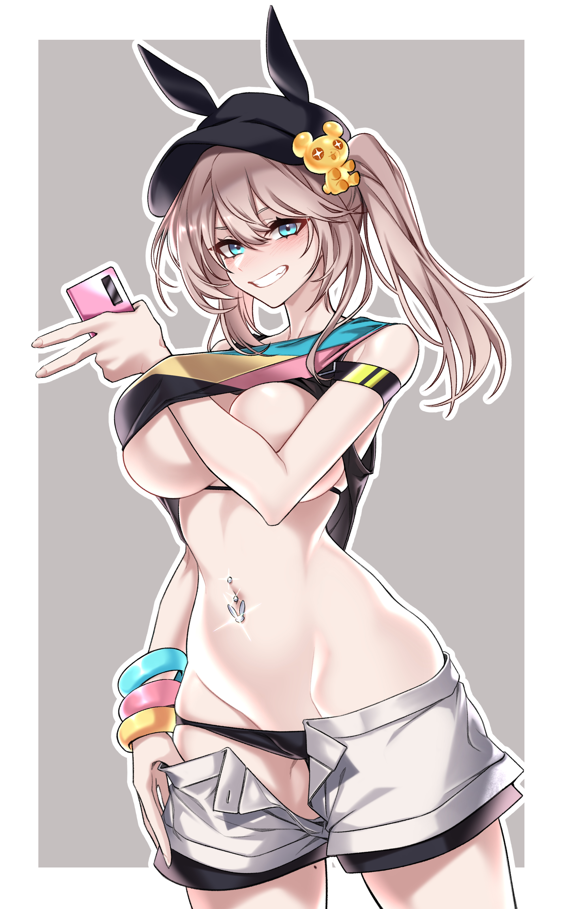 1girls, belly button, belly button piercing, big breasts, breasts, busty, cleft of venus, curvy, dogs (dlrkdejr26), eternal return: black survival, female, female only, hat, leni (eternal return), navel, navel piercing, one breast out, panties, panties down, peace sign, phone, piercing, ponytail, short shorts, shorts, shorts down, skimpy, skimpy clothes, solo, unbuttoned, voluptuous