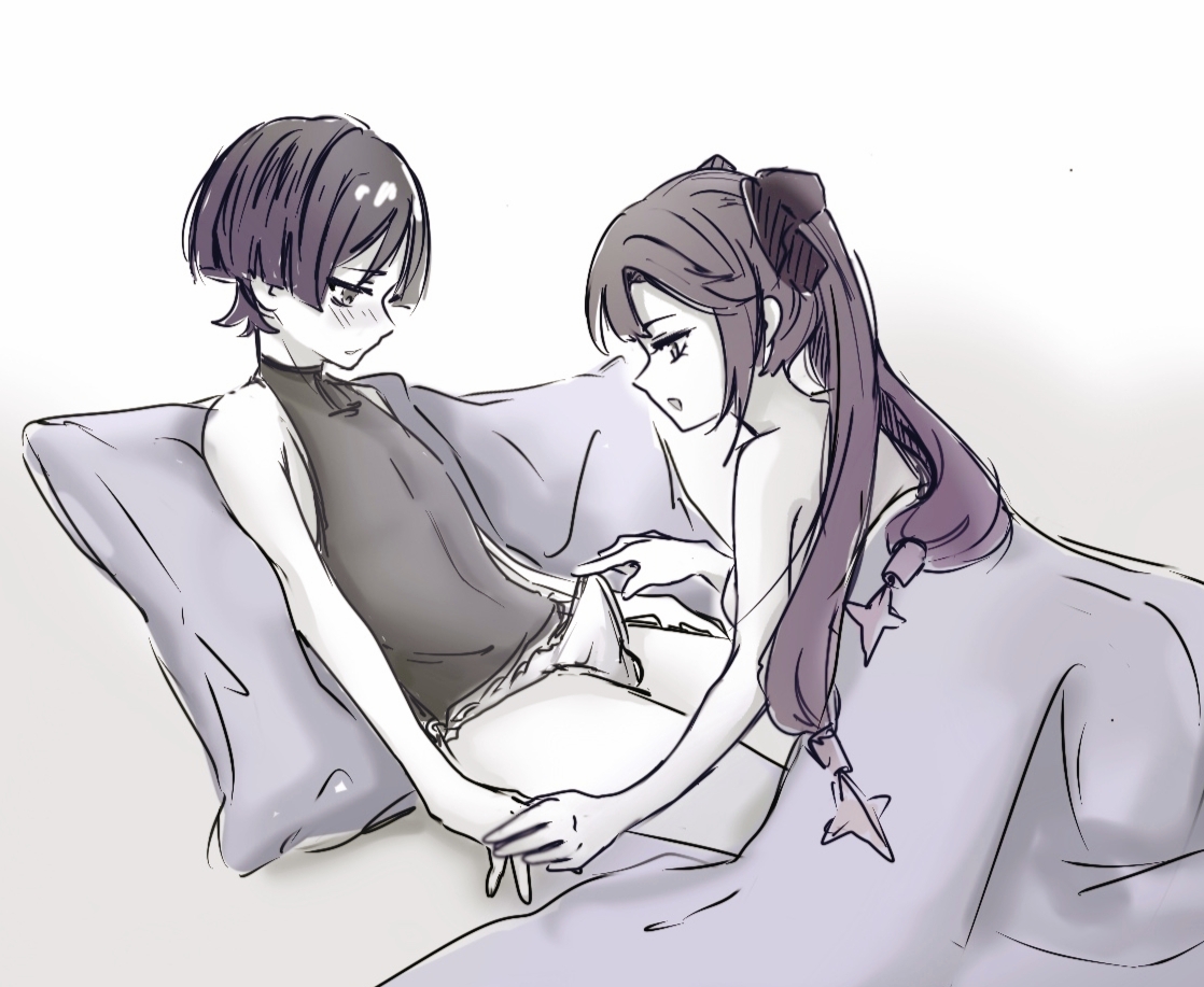 1boy, 1girls, boner, erection under clothes, female, genshin impact, in bed, male, male/female, mona (genshin impact), penis, scaramouche (genshin impact), straight, teasing penis, twintails