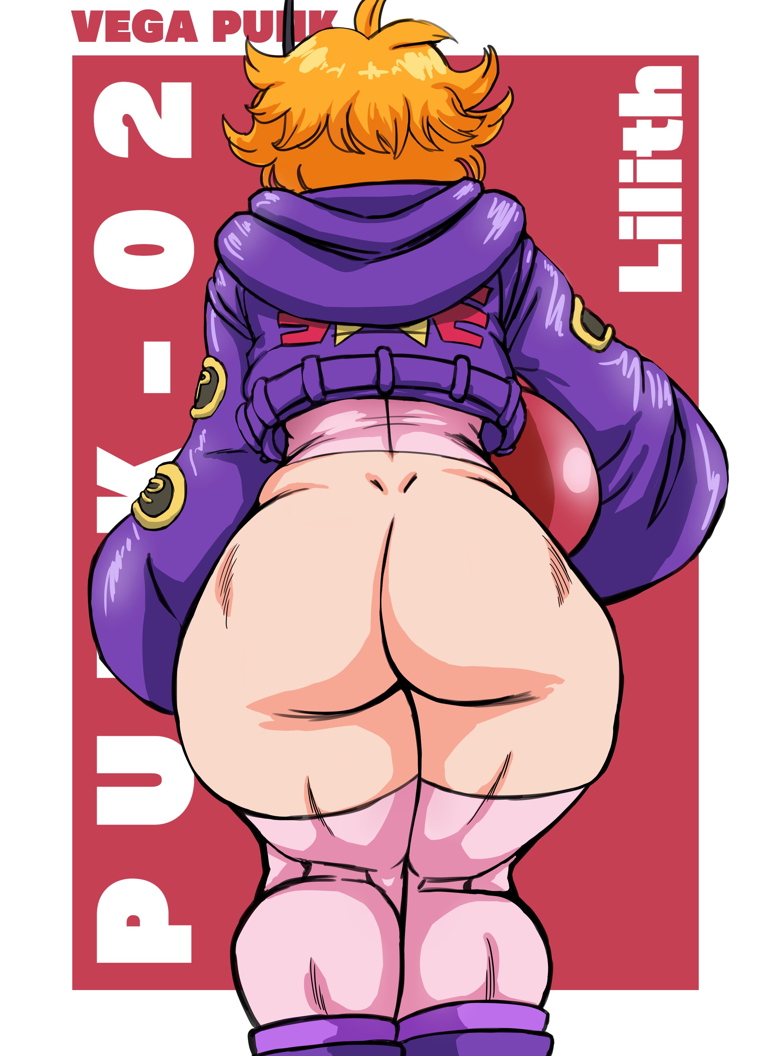 1girls, ass, big ass, blonde hair, blonde-haired female, bottomless, bubble ass, bubble butt, charge sol, clothing, fat ass, female, female only, huge ass, jacket, large ass, one piece, orange hair, rear view, solo, thick ass, thick thighs, vegapunk lilith, wide hips