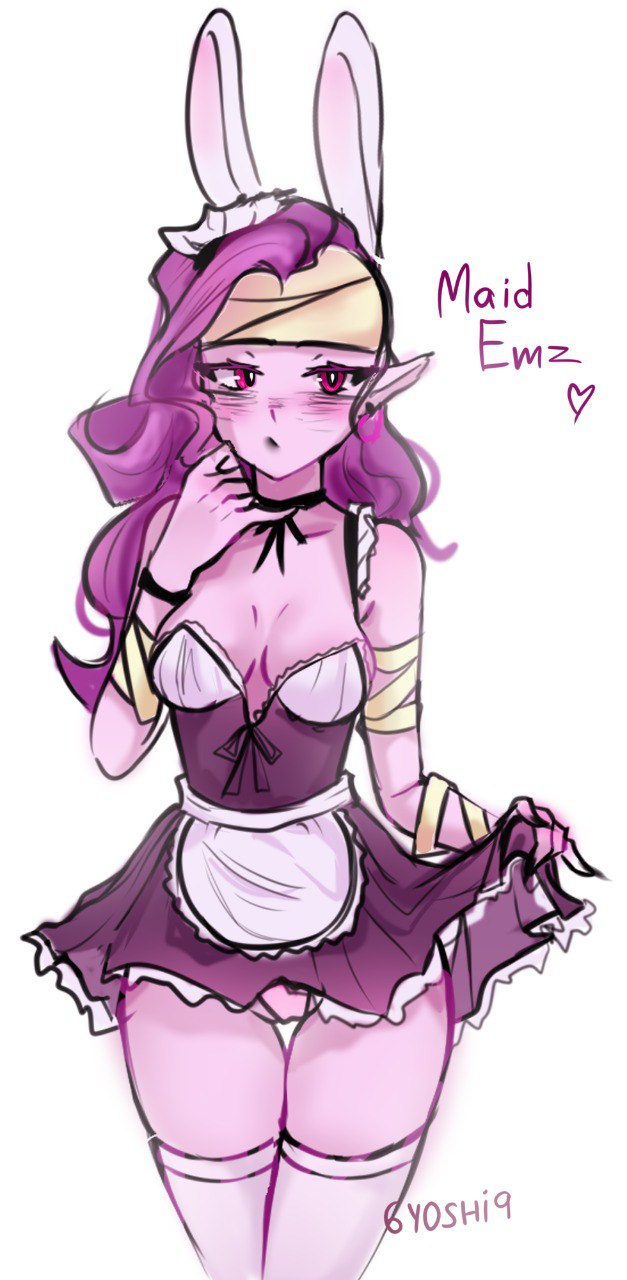 6yoshi9, brawl stars, breasts, bunny ears, cleavage, clothed, cute, emz (brawl stars), female, maid headdress, maid uniform