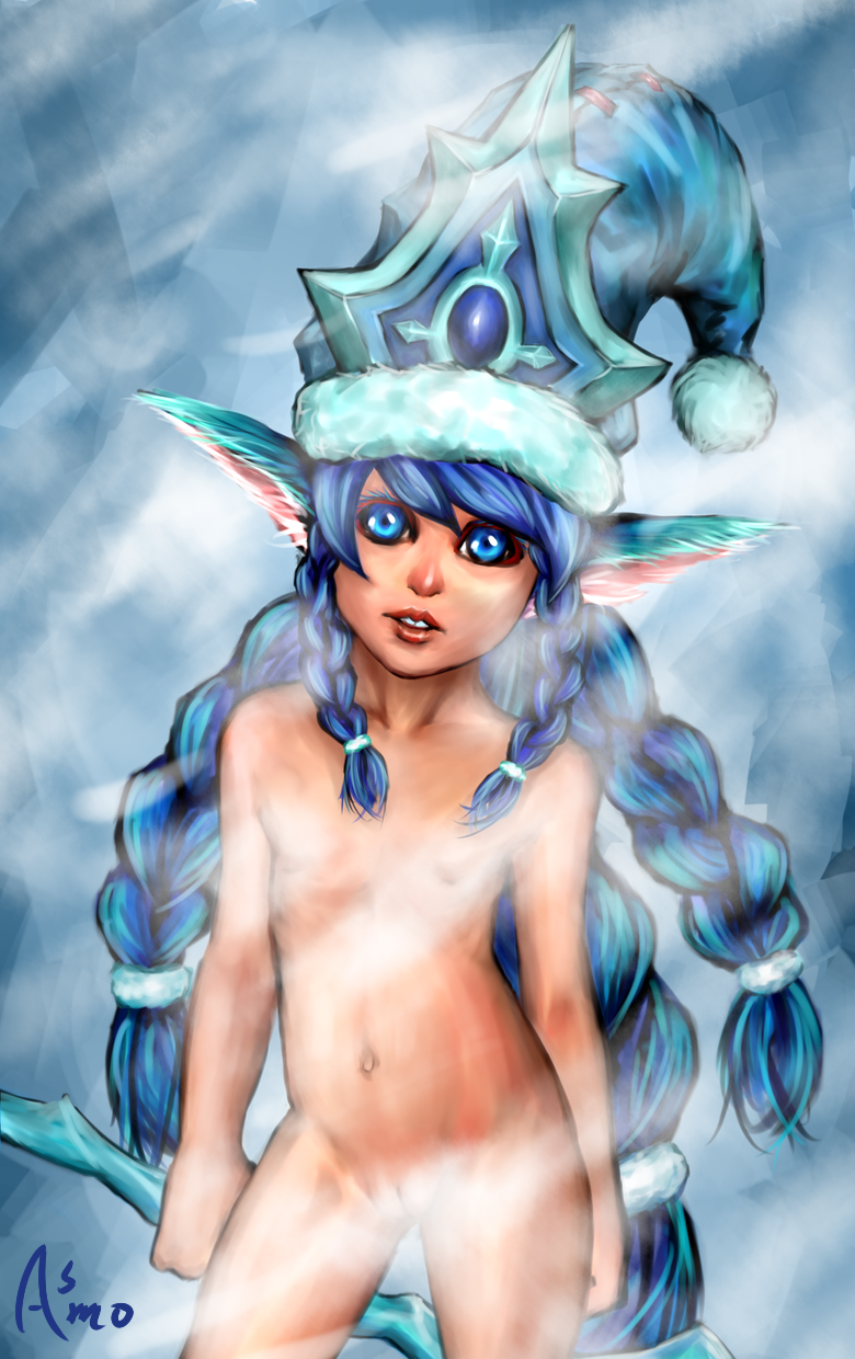 1girls animal_ears asmo blue_eyes blue_hair braids breasts censored female flat_chest fog hat league_of_legends long_hair looking_at_viewer lulu_the_fae_sorceress navel nude pigtails pussy riot_games rod small_breasts snowdown_series solo thighs winter_wonder_lulu winter_wonderland_series