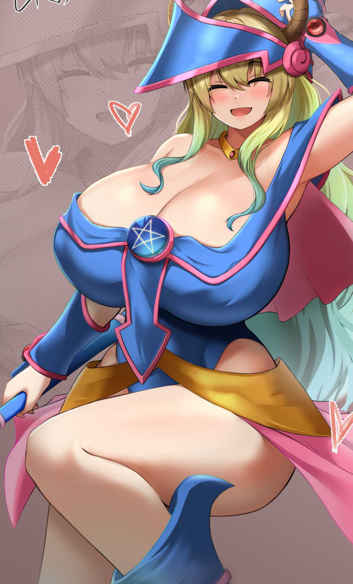 1girls, big breasts, blonde hair, breasts, cleavage, closed eyes, cosplay, dark magician girl (cosplay), duel monster, female, female only, hair, hat, headwear, heart, hips, horns, huge breasts, large breasts, long hair, lucoa, lucoa (maidragon), mature, mature female, miss kobayashi's dragon maid, quetzalcoatl (dragon maid), smile, solo, solo female, staff, thick thighs, thighs, two-tone hair, xiaor180, yu-gi-oh!