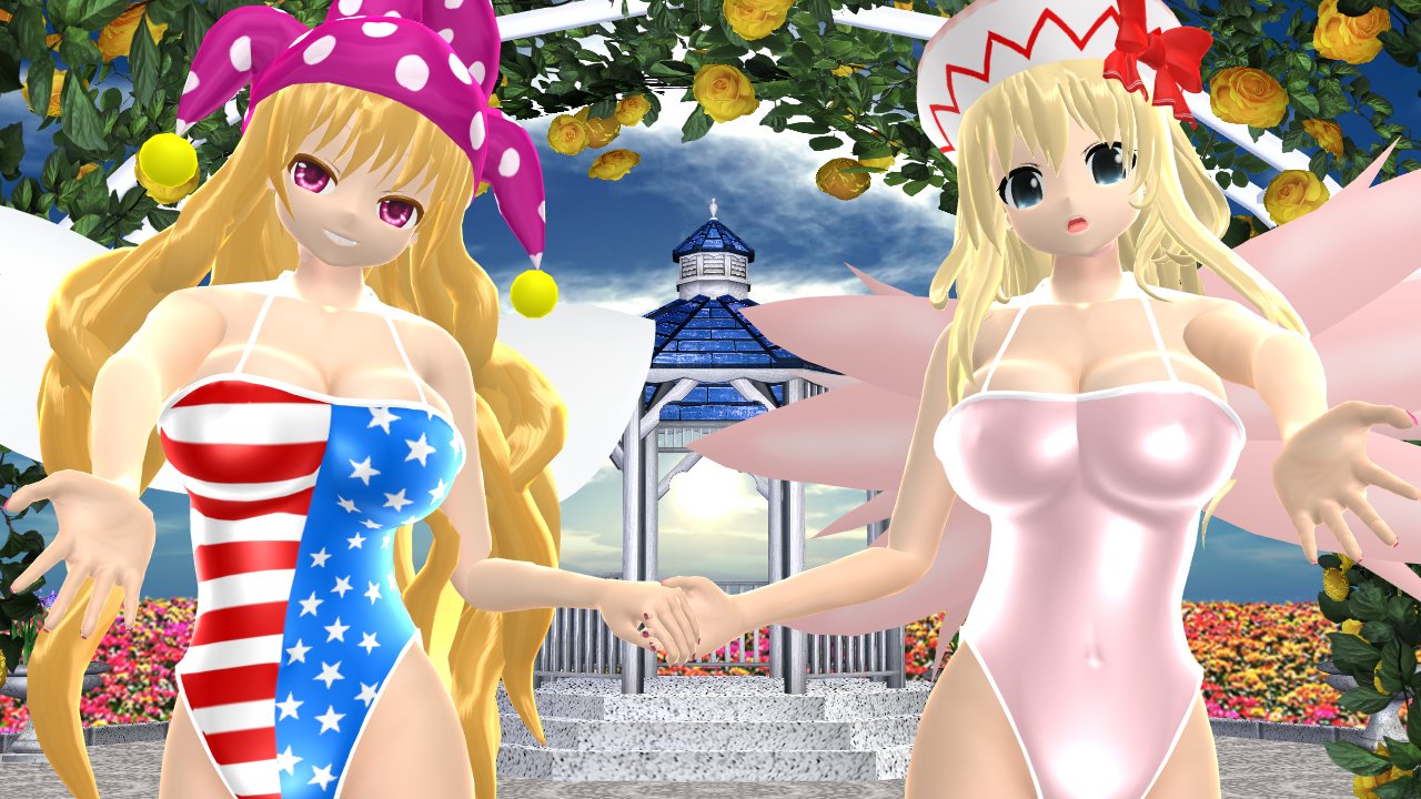 2024 2girls 3d_(artwork) american_flag_swimsuit belly_button blonde_hair_female blue_eyes breasts clouds clownpiece fairy fairy_wings flower_field hati_yukkuri_mmd holding_hands jester_hat lampad legacy_of_lunatic_kingdom light-skinned_female light_yellow_hair lily_white long_hair_female looking_at_viewer mmd outside perfect_cherry_blossom pink_eyes sky smiling_at_viewer stars_and_stripes swimsuit touhou white_hat wings