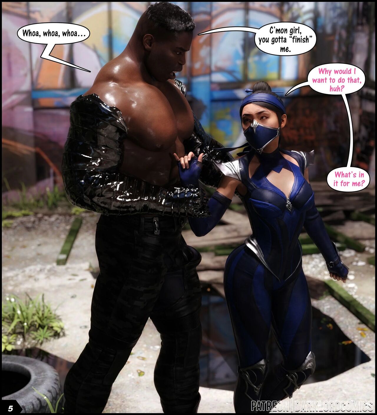 1boy1girl 3d abs areolae_visible_through_clothing arm_grab asian asian_female background bandana belt bulge bulge_through_clothing camouflage camouflage_pants comic comic_page dark-skinned_male darklord dialogue edenian elbow_gloves gloves hair_bun hips jax_briggs kitana kitana_(mk11) long_boots looking_at_partner metal_arm mortal_kombat mortal_kombat_11 princess robotic_arm royalty shoulder_armor teeth tied_hair tight_clothing