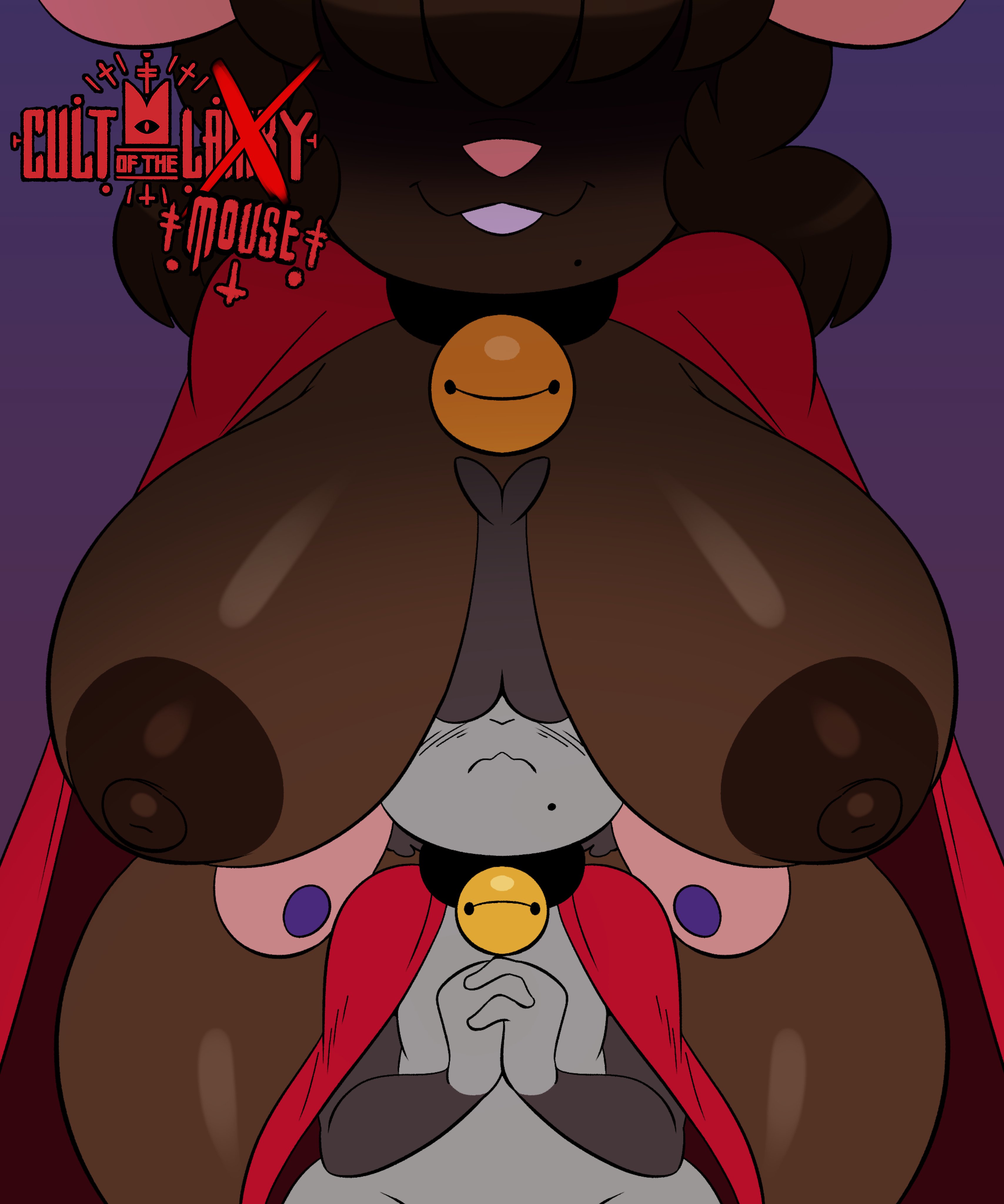 1boy, 1girls, bell, big breasts, big thighs, black hair, breasts, brown fur, brown nipples, cult of the lamb, cultist, female, femboy, femdom, furry, grey fur, gwen martin, isolatedartest, lamb (cult of the lamb), male, mouse, no bra, oc, size difference, smile