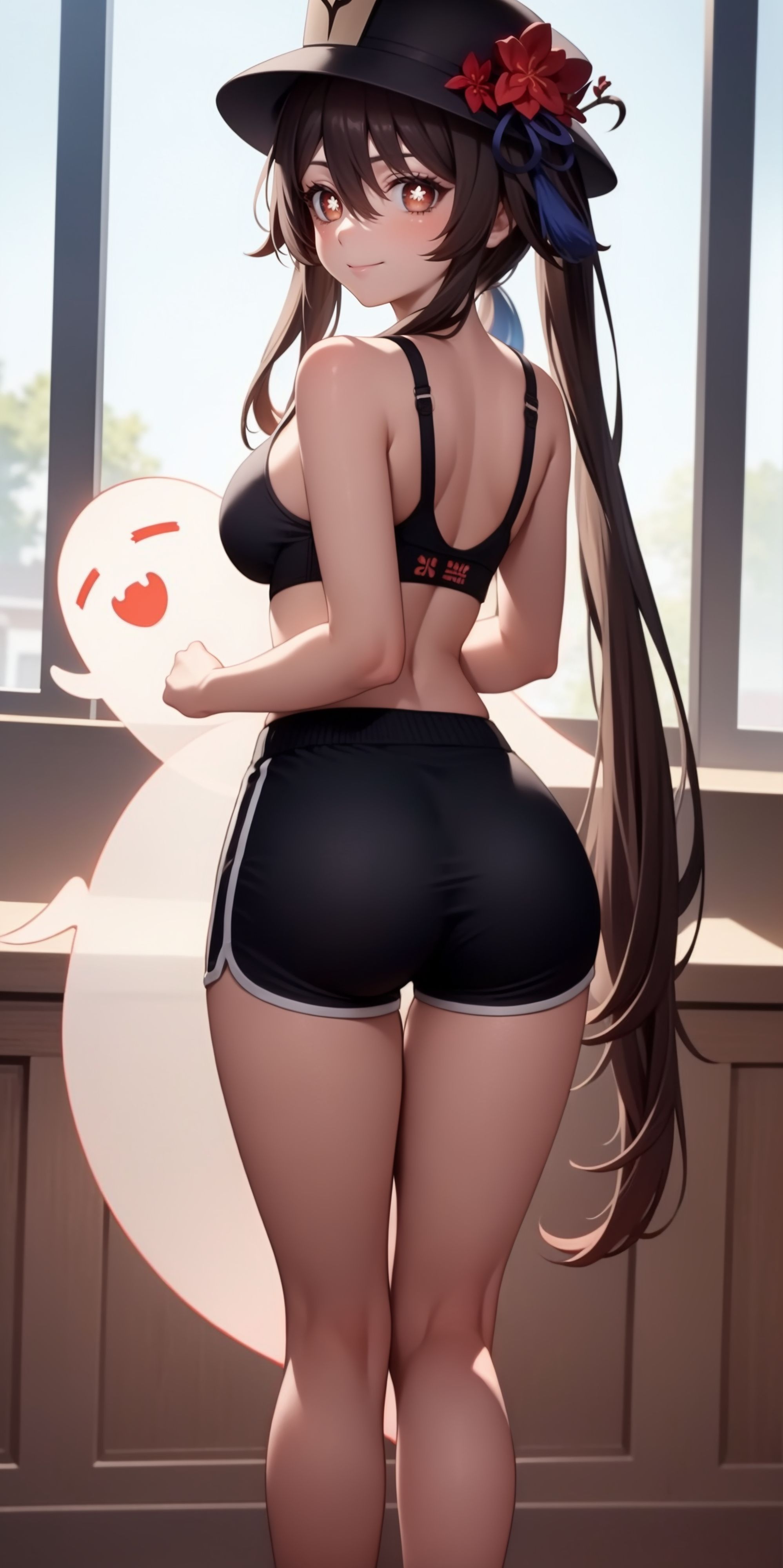 1girls, ai generated, asian female, ass, ass focus, breasts, casual, dolphin shorts, female, female focus, female only, genshin impact, hoyoverse, hu tao (genshin impact), light skin, light-skinned female, looking at viewer, mihoyo, samsara ai, small breasts, solo