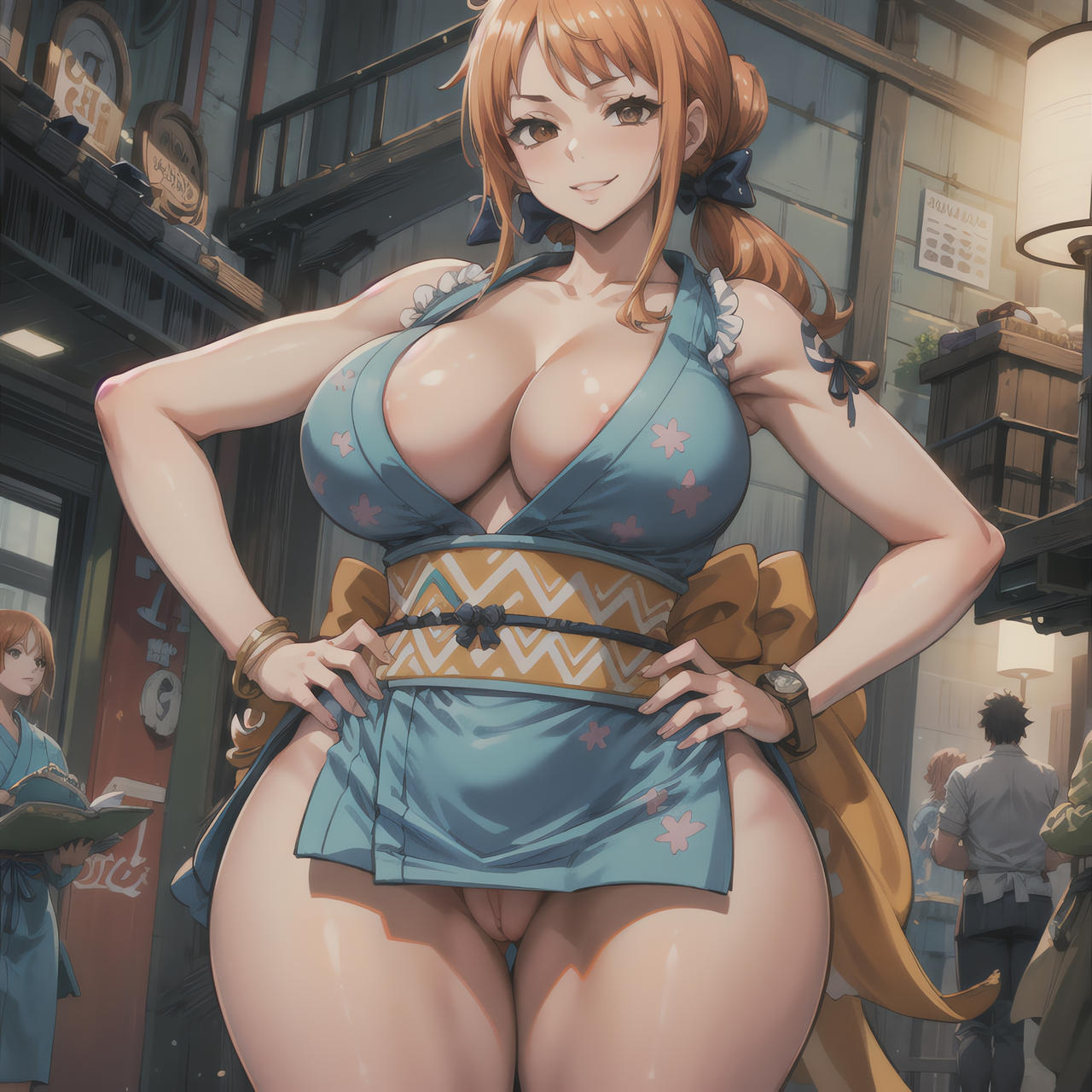 ai_generated big_breasts cleavage darkhathaway exposed_pussy eyes female female_focus going_commando hand_on_hip huge_breasts japanese_clothes kimono light-skinned_female light_skin male naked_under_clothes nami nami_(one_piece) no_panties onami one_piece orange_hair pantyless post-timeskip short_hair standing thick thick_thighs voluptuous voluptuous_female wide_hips