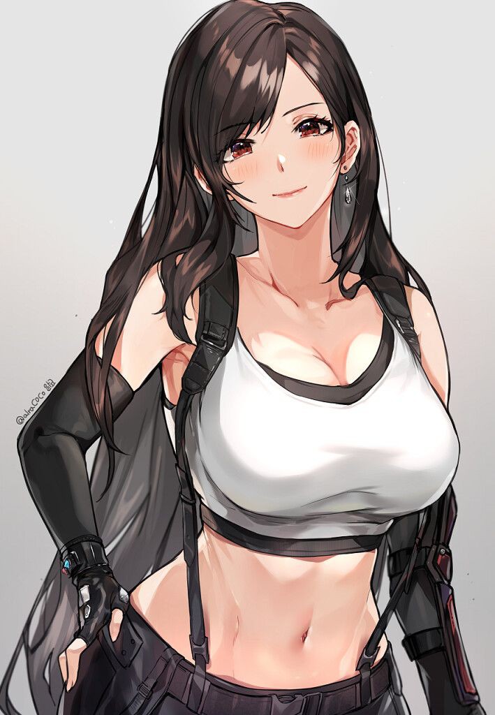 1girls, big breasts, black hair, breasts, crop top, female, final fantasy, final fantasy vii, final fantasy vii remake, grey background, hand on hip, looking at viewer, navel, red eyes, solo, solo female, tifa lockhart