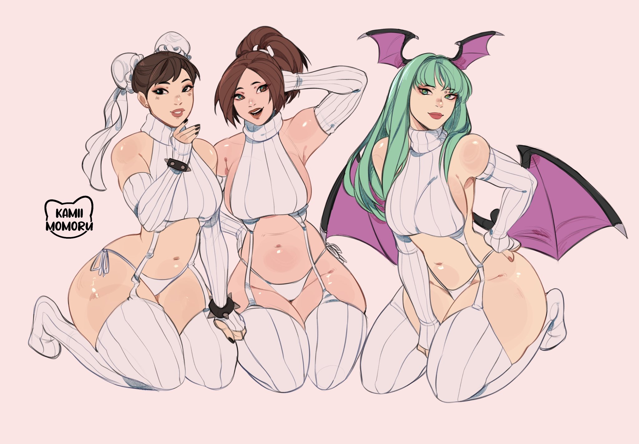 3girls, armwear, artist logo, artist name, big breasts, black eyes, breasts, brown eyes, brown hair, capcom, chun-li, crossover, darkstalkers, demon, double bun, fatal fury, female, female only, green eyes, green hair, head wings, hi res, kamii momoru, king of fighters, kneeling, large breasts, long hair, looking at viewer, mai shiranui, morrigan aensland, multiple females, multiple girls, ponytail, red lips, sideboob, simple background, smiling, smiling at viewer, snk, spiked bracelet, street fighter, succubus, succubus wings, sweater, thick thighs, thighs bigger than head, trio, twin buns, virgin destroyer sweater, wings