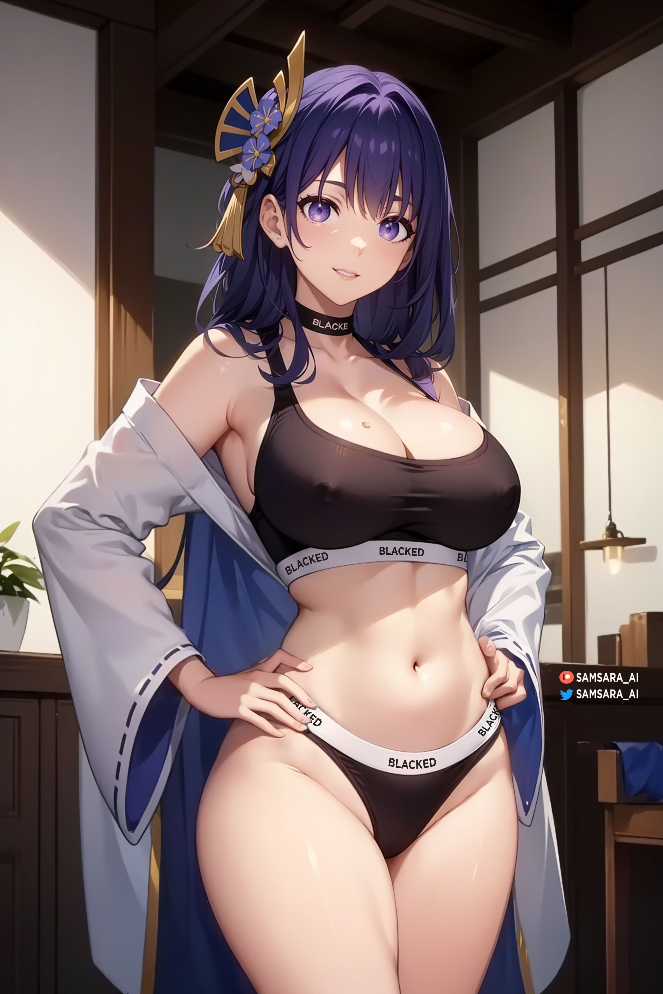 1girls, ai generated, asian female, big breasts, blacked, blacked clothing, breasts, confident smile, female, female focus, female only, genshin impact, goddess, hand on hip, hoyoverse, light skin, light-skinned female, looking at viewer, mihoyo, purple eyes, purple hair, raiden shogun, samsara ai, solo