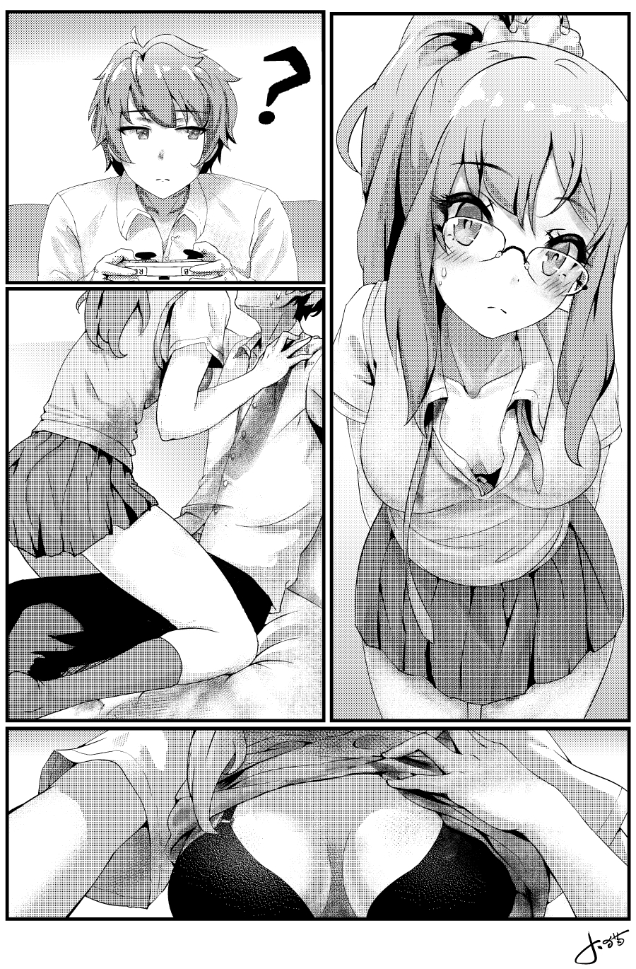 1boy 1girls azusagawa_sakuta bra breasts clothed clothing controller female futaba_rio glasses greyscale halftone human jay_xu male monochrome mostly_nude seishun_buta_yarou_wa_bunny_girl_senpai_no_yume_wo_minai undressing