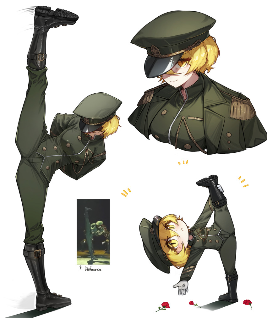 absurdres, alternate costume, black boots, black shoes, boots, don quijote (store), don quixote (limbus company), don quixote (project moon), female, flexible, flower, full body, game screenshot inset, gloves, hat, highres, inset, jacket, jeehyung seo, leg lift, leg up, limbus company, military, military hat, military jacket, military uniform, peaked cap, project moon, red flower, screenshot inset, shoes, smile, solo, split, standing, standing on one leg, standing split