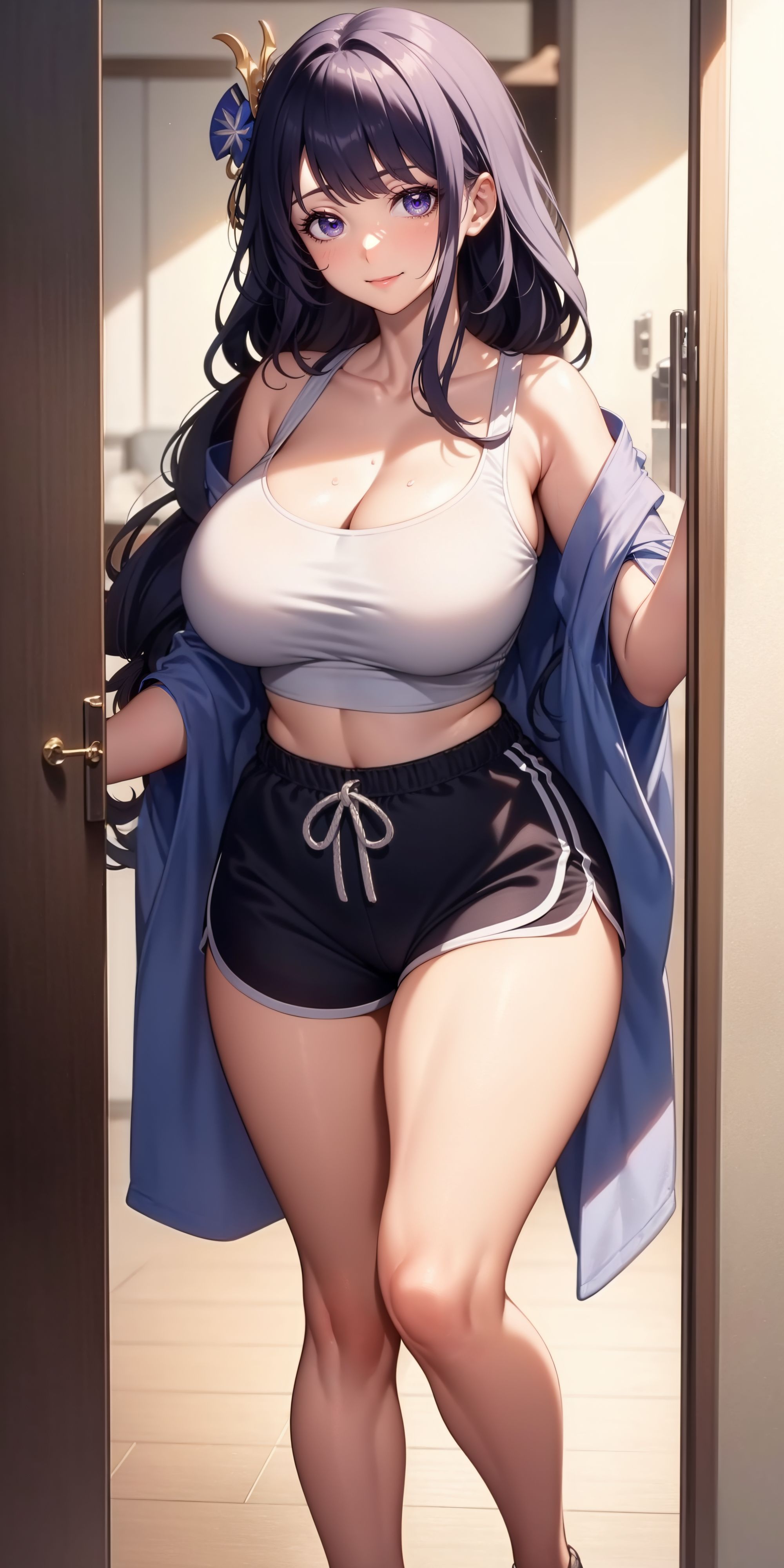 1girls, ai generated, asian female, big breasts, breasts, casual, dolphin shorts, female, female focus, female only, genshin impact, goddess, hoyoverse, light skin, light-skinned female, looking at viewer, mihoyo, purple eyes, purple hair, raiden shogun, samsara ai, solo