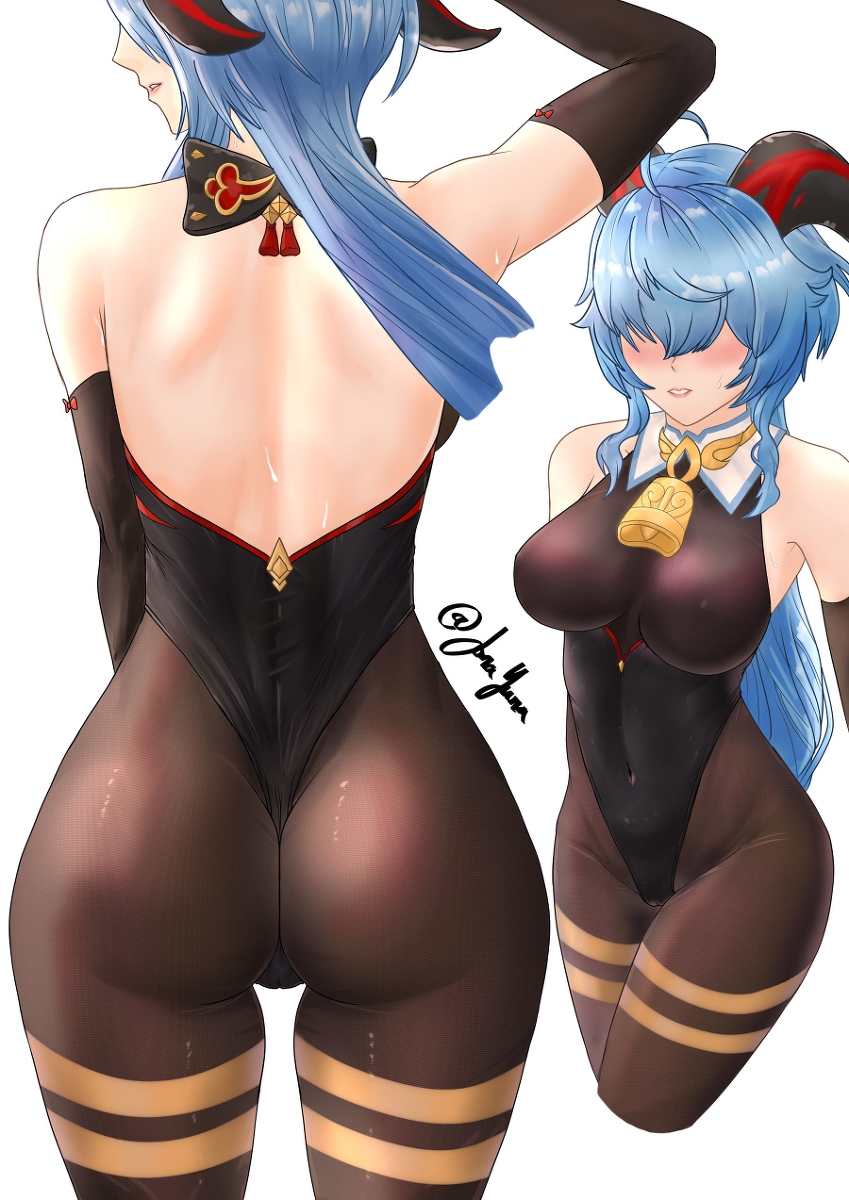 1girls, ass, bell, big breasts, blue hair, blush, bodysuit, breasts, erect nipples, erect nipples under clothes, female, ganyu (genshin impact), genshin impact, horns, jonayuna, nipples, solo, solo female, thighs
