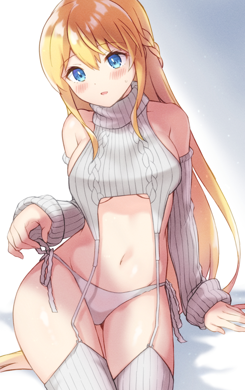 1girls blonde_hair blue_eyes blush cleavage cygames dragalia_lost ek_ra female female_only hips large_breasts lingerie long_hair navel nintendo partially_clothed sitting_on_bed underboob virgin_destroyer_sweater zethia_(dragalia_lost)